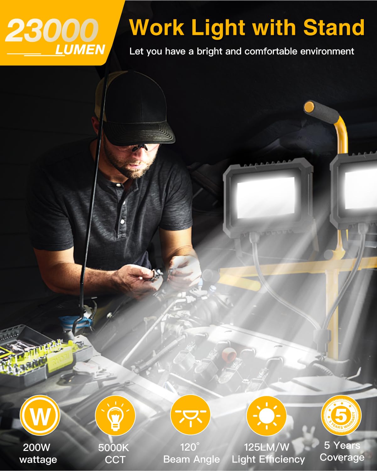 Luz de trabajo LED de 23000 lúmenes con soporte, 200 W, 2 cabezales ajustables, con soporte de trípode ajustable y plegable, lámpara impermeable con interruptor para construcción, lugar de trabajo