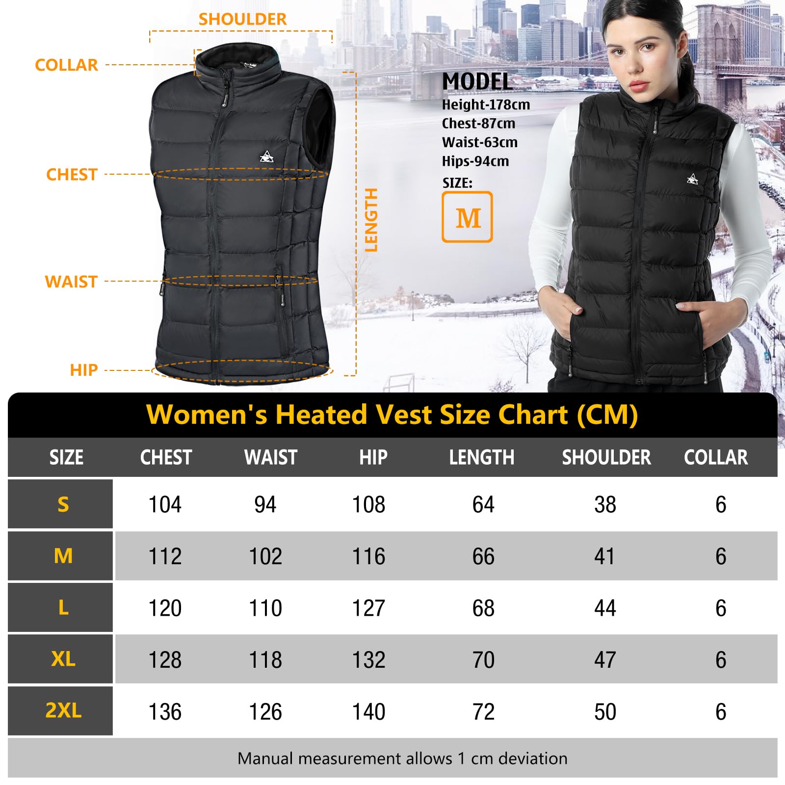 Gilet riscaldabile per donna, gilet riscaldato con 6 zone di riscaldamento, gilet elettrico USB per primavera, autunno, inverno, gilet termico con spina e power bank, gilet riscaldato per esterni, con