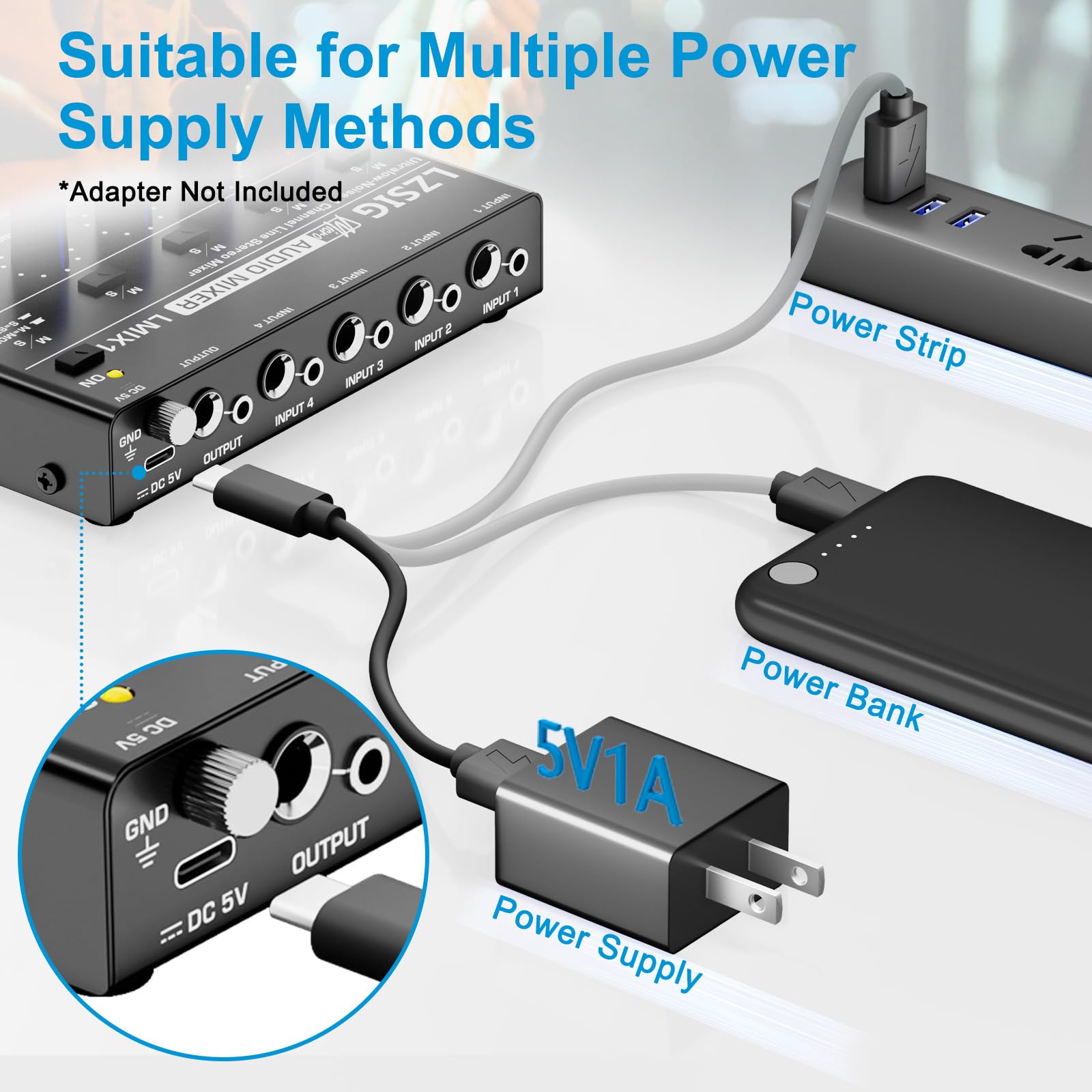 LZSIG Mini Audio Mixer, Stereo Line Mixer for Sub-Mixing, Ultra Low-Noise, 4-Channel, Dynamic Microphone Independent Control, 1/4" & 1/8" TRS Output and Input for Guitars,Bass,Keyboards