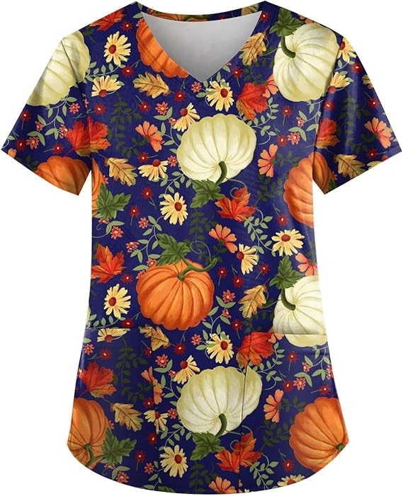OIOLOYJM Halloween Christmas Scrub Tops Women Printed V Neck Short Sleeve Plus Size Scrubs for Womens Shirts with Pockets