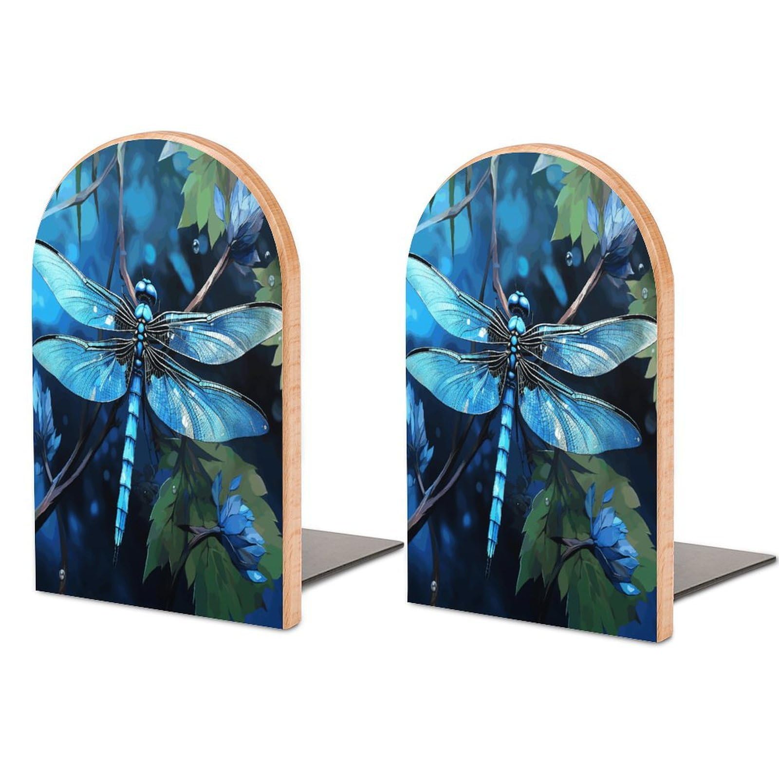 Art Blue Dragonfly Bookends for Shelves Non Skid Book Stoppers Universal Economy Bookend Heavy Duty Wood Book End Decorative Book Shelf Holder for Home Office Desk 1 Pair