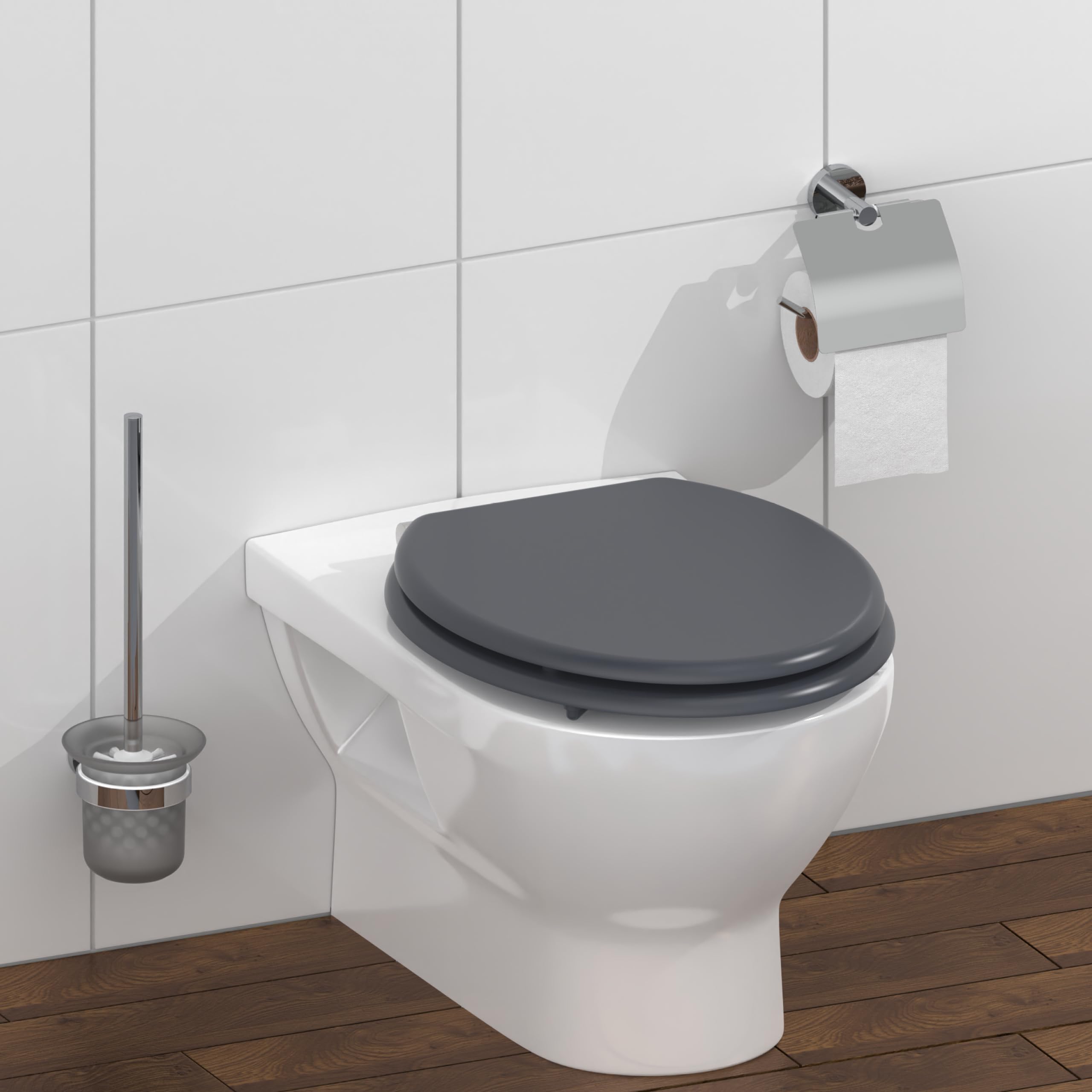 SCHÜTTE Cuvette Toilette Bois avec frein de chute | Massif Abattant WC Bois | Avec abattant durable | Très grande résistance au poids | Testée jusqu'à 175kg | Gris