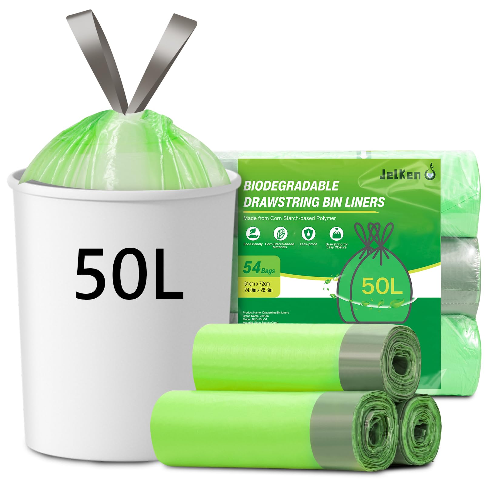 Jelken 54 Biodegradable Bin Liners 50L With Drawstring Tie Handle, Food Waste Bags Strong Trash Bags (61 X 72Cm)