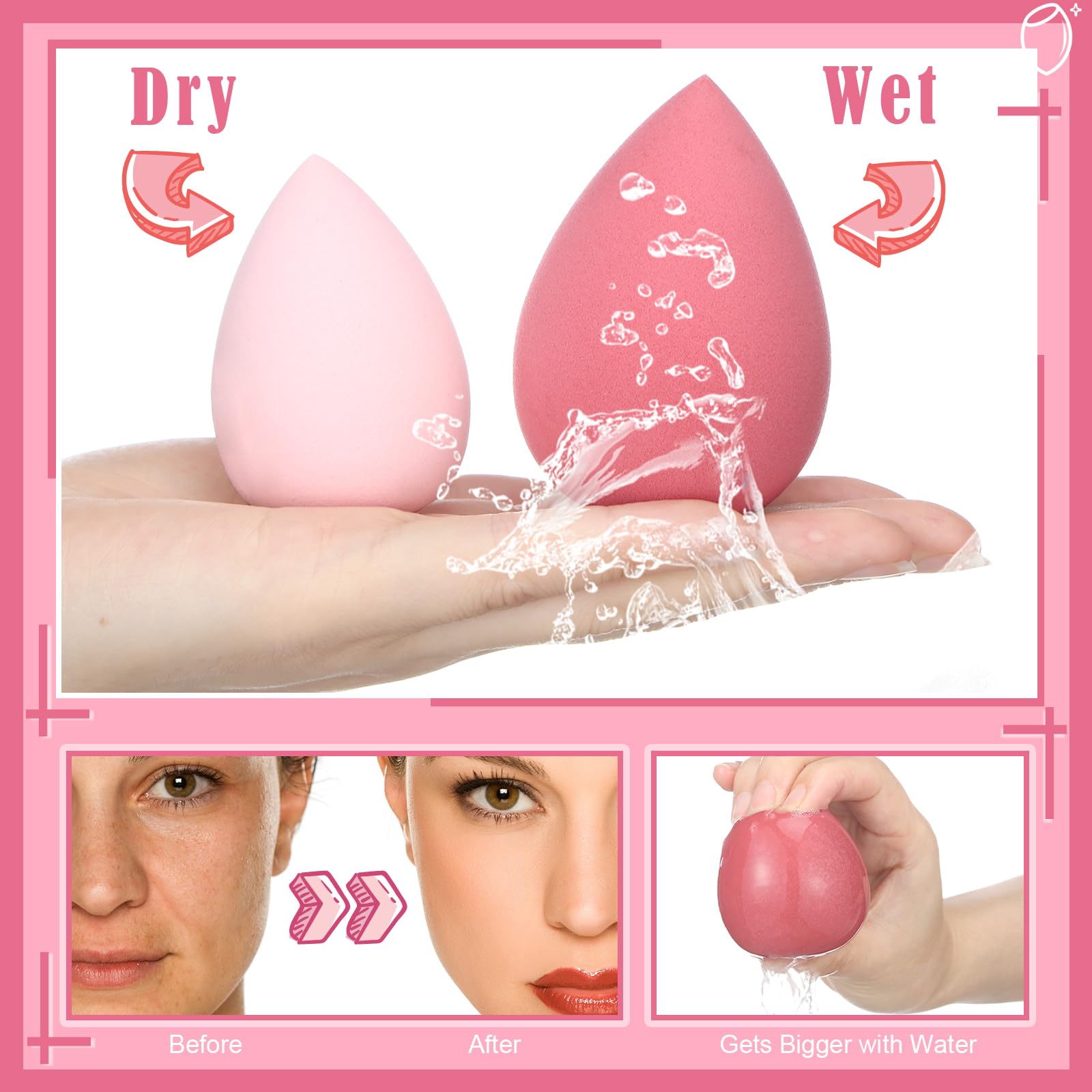 17-teiliges Make-up-Schwamm-Set mit 6 Puderquasten, 3 Mini-Make-up-Schwämmen, 3 Mini-Make-up-Schwämmchen und 1 Make-up-Schwammhalter (Rosa)