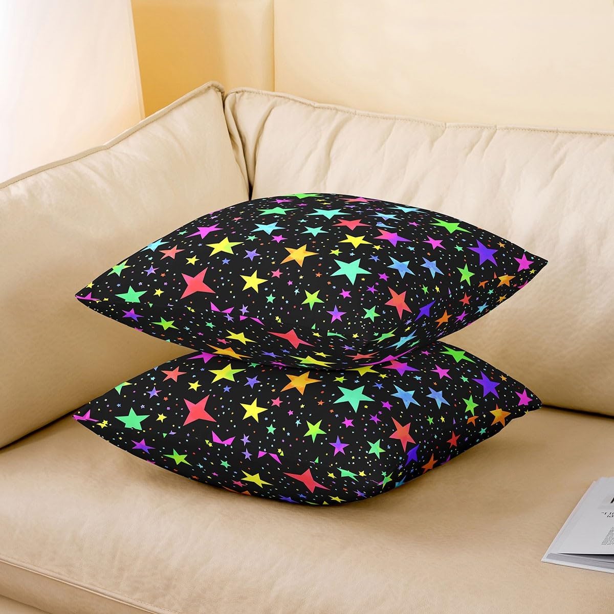 Erosebridal Kawaii Glitter Stars Set of 2 Throw Pillow Covers 24x24 Inch Rainbow Glowing Star Pillow Covers Psychedelic Space Cosmos Cushion Covers Colorful Neon Light Star Girls Cute Cushion Cases
