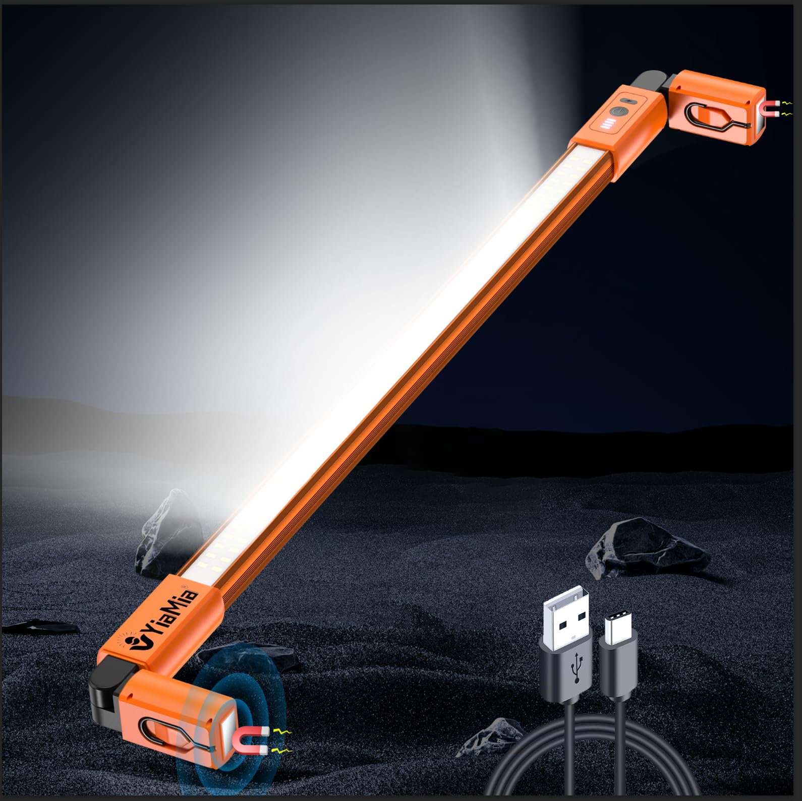Yiamia Rechargeable LED Work Light, 37.4 Inch/90cm Underbody Repair Work Light with Magnetic and Hook Hood Light Pole, Cordless Bright Work Light for Auto Repair Workshop Camping Party BBQ, ‎Orange
