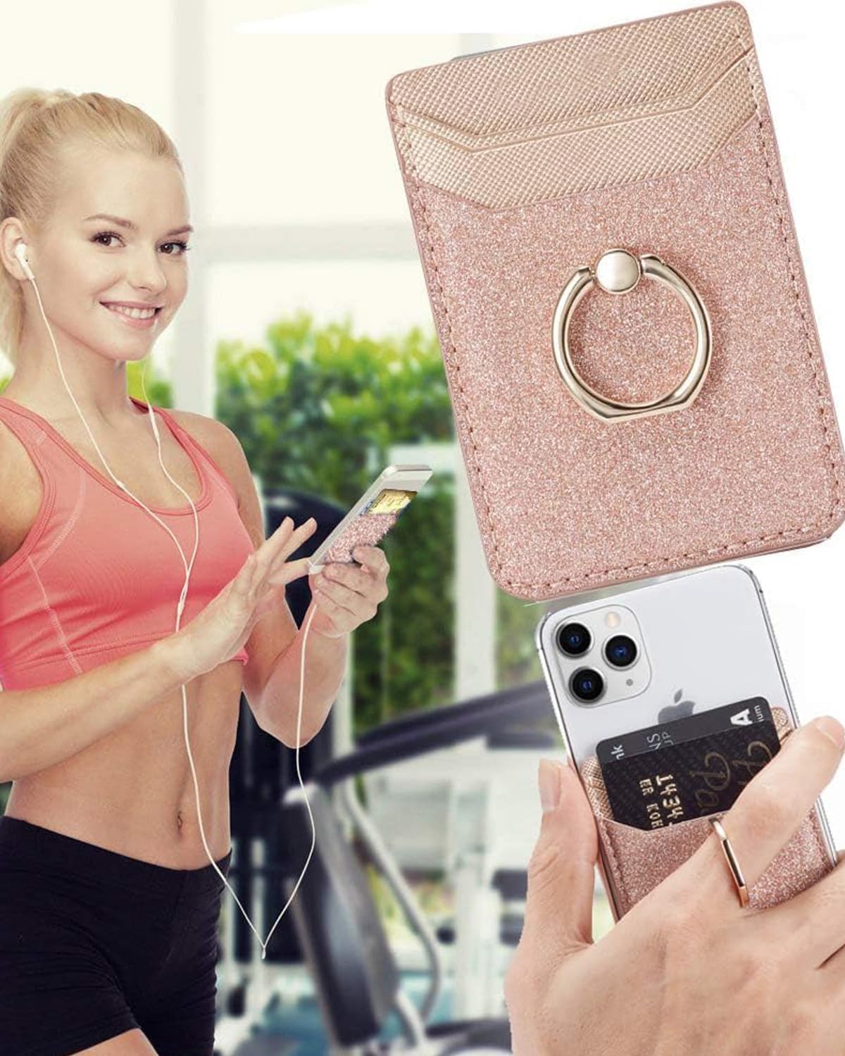 BIAJIYA Phone Card Holder Stick on Back of Phone Case, RFID-Blocking Sticky Phone Wallet with Ring Grip Stand, Glitter Adhesive Phone Card Wallet for iPhone, Samsung, Women and Girls - Image 5