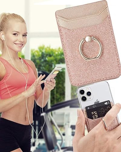 Miniatura 5 de BIAJIYA Tarjetero RFID de piel para teléfono con adhesivo de crédito, tarjetero adhesivo para mujeres y hombres, parte trasera del teléfono para la