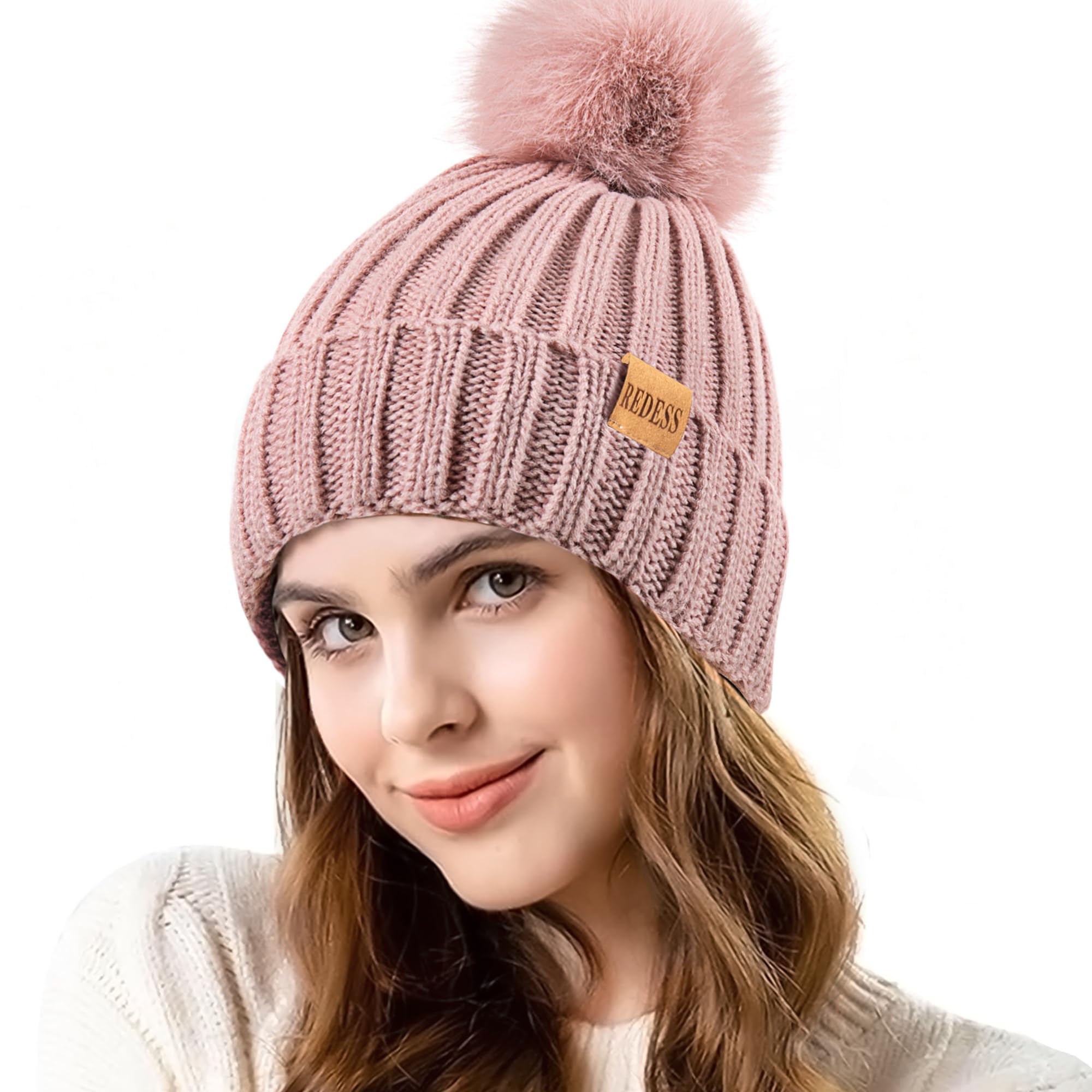 REDESS Womens Winter Knitted Beanie Hat Warm Fleece Lined with Pompom Cap Thick Slouchy Snow Knit Skull Cap