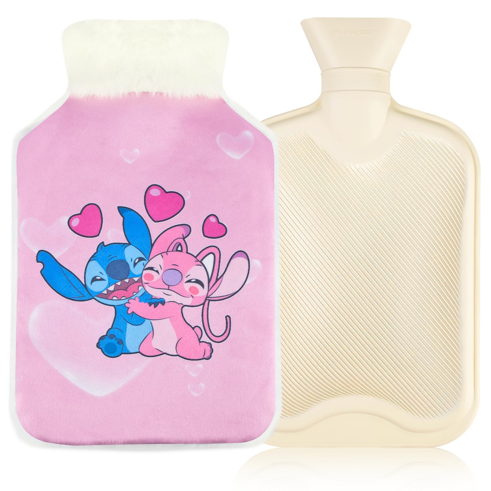 Thingehoy Kids Hot Water Bottle with Cover, Stitch Hot Water Bottle, 2L Cute Removeable Washable Hot Water Bag for Pain Relief Hand Warmer Neck Period Back Pain, Gift for Women Children Friend