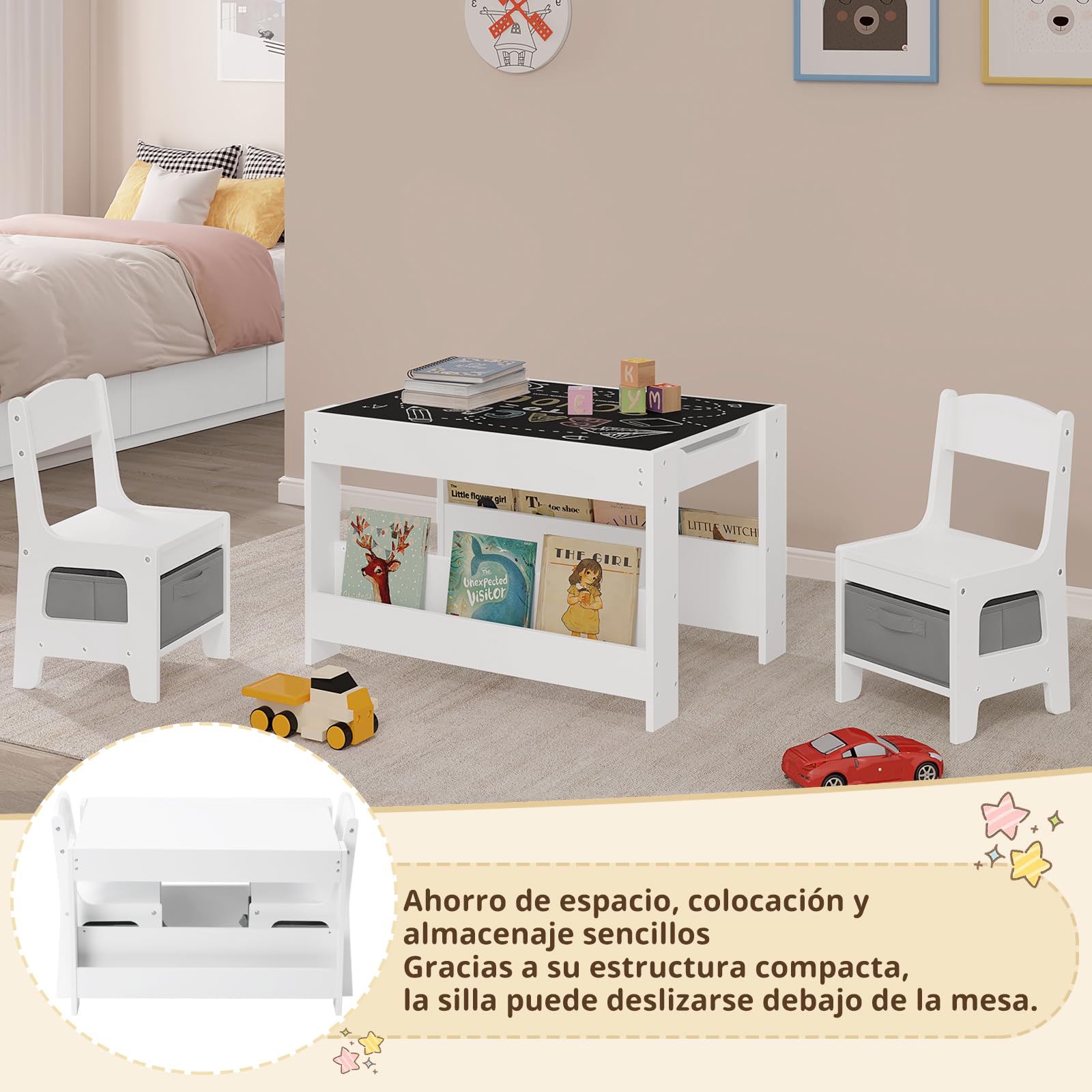 Lestarain Juego de Mesa y Sillas Infantiles, Mesa con Pizarra y 2 Sillas para Niños de Caja Almacenaje, Encimera Reversible, Mueble Infantil para Guardería y Habitación Infantil, Blanco