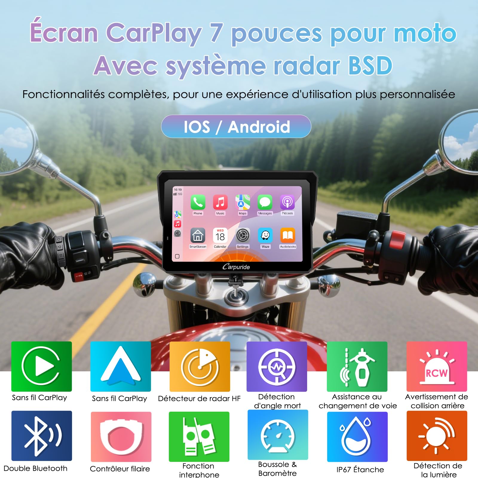CARPURIDE W702RS Pro Écran Carplay pour Moto avec Radar BSD et Support BM05 | Sans fil CarPlay & Android Auto, écran tactile étanche 7", Fonction Interphone, Double Bluetooth, Contrôleur Filaire