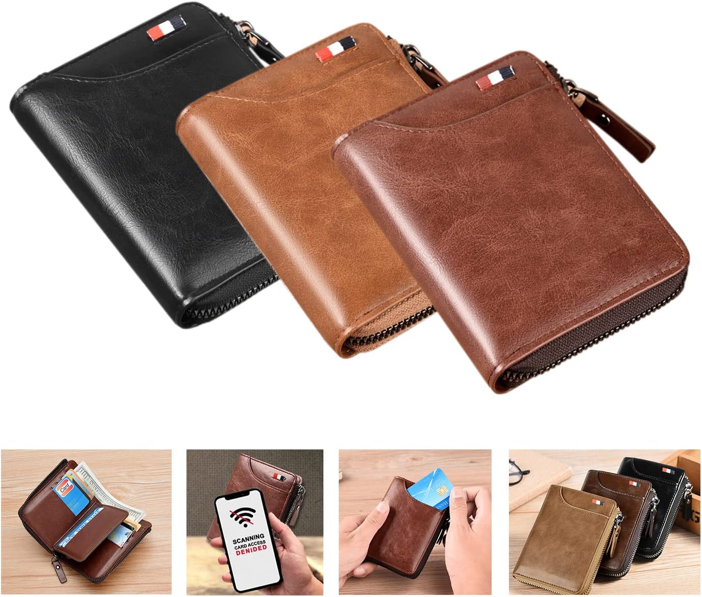 Multi-Functional RFID Blocking Waterproof Durable PU Leather Wallet - 2023 New Large Capacity Zipper Tactical Wallets, Waterproof Soft Slim Leather RFID Blocking Wallet for Men Holds 14 Cards (3PCS)