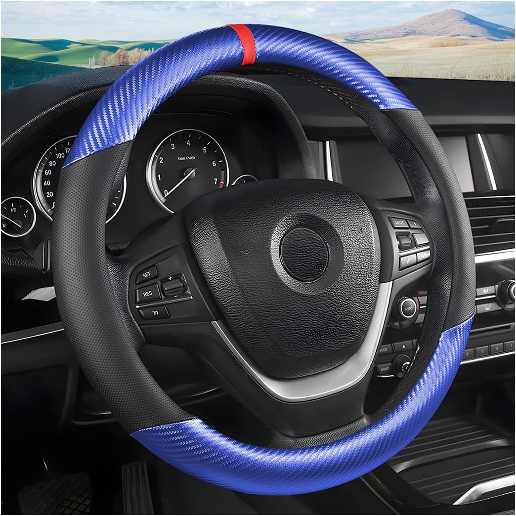 Moly Magnolia Steering Wheel Cover, Carbon Fiber Breathable Microfiber Leather with Non-Slip Lining, Cool in Summer Warm in Winter for Men Women, Universal 15 Inch for Most Cars (Carbon Fiber Blue)