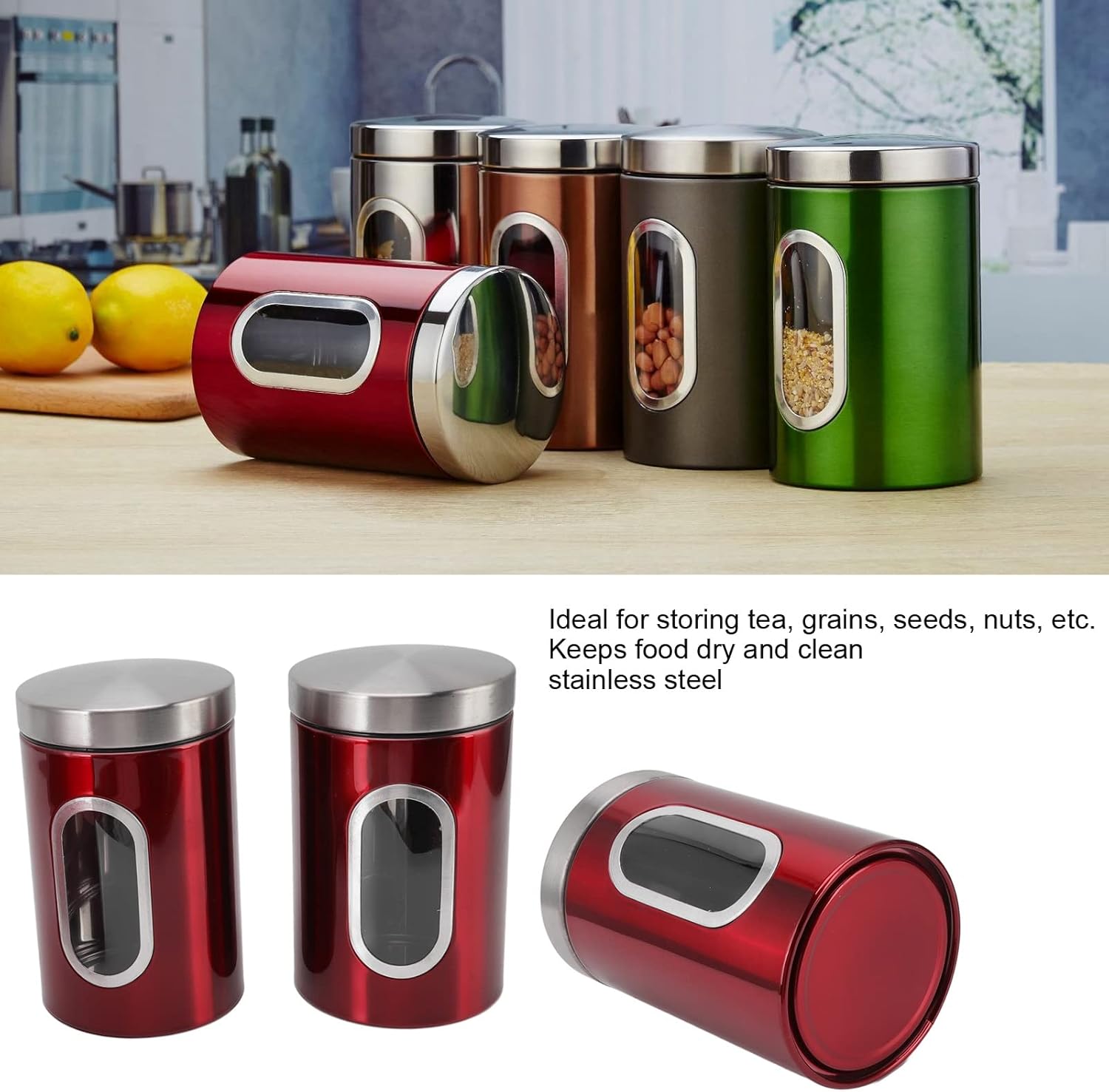 3 Pack Kitchen Canister Set Stainless Steel Food Storage Jars Reusable Containers with Lid and Transparent Windows for Coffee Flour Spices Grains(Red 3pcs)