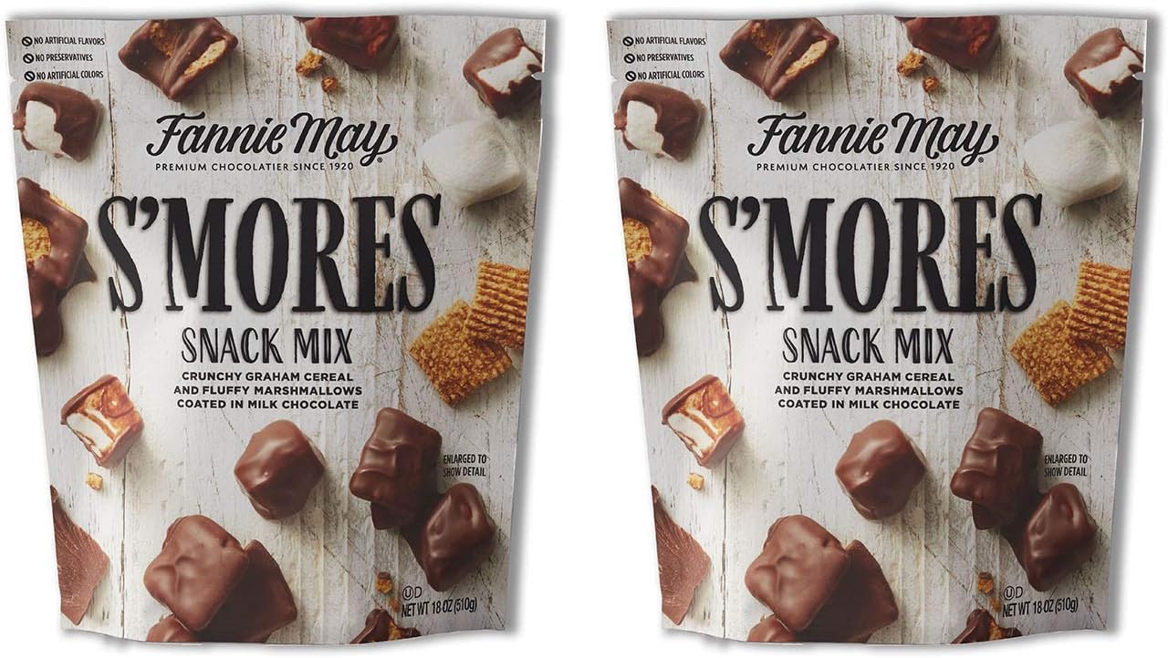 Fannie May S'mores Snack Mix, Milk Chocolate Covered Mini Marshmallows and Graham Cereal, 18oz Bag, 2 Pack