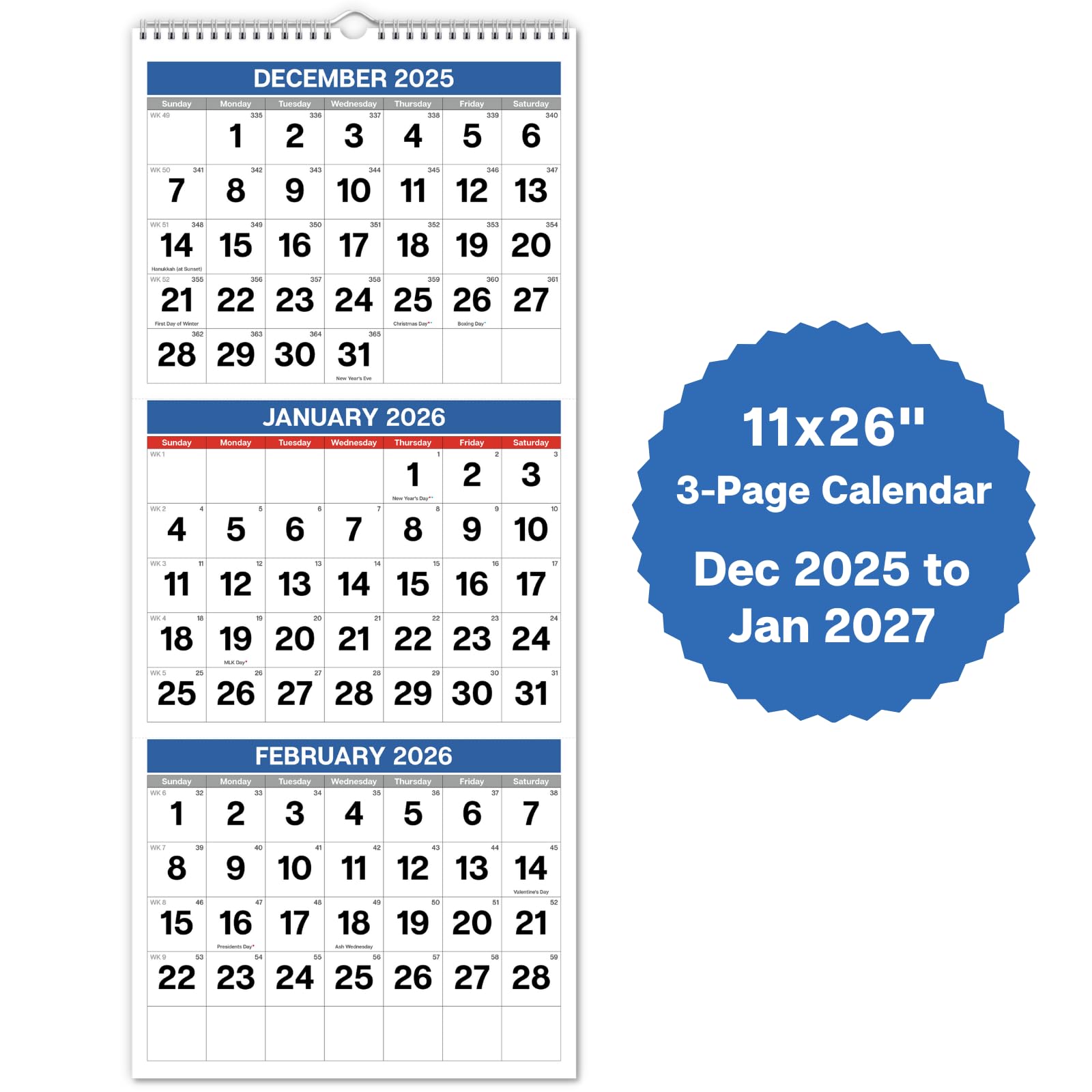 Dunwell 3-Month Wall Calendar 2026 (Blue), Large Monthly Hanging Calendar with Big Grid Numbers, Easy to Read Large Print, Use to Dec 2026, For Office