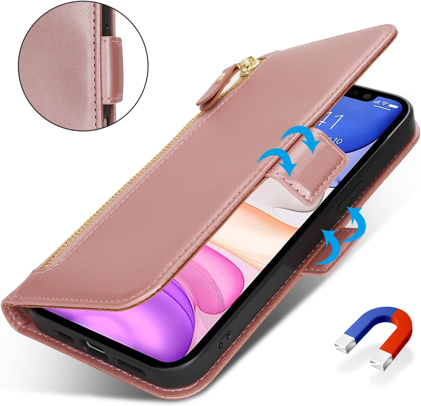 Ｈａｖａｙａ for iPhone 11 Phone case with Card Holder iPhone 11 case Wallet Zipper for Women Men PU Leather Flip Folio Credit Card Slots Stand Shockproof Phone Cover(6.1")-Rose Gold