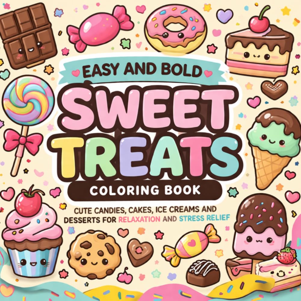 Easy and Bold Sweet Treats Coloring Book: Cute Candies, Cakes, Ice Creams and Desserts for Relaxation and Stress Relief