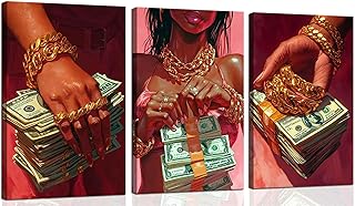 3Pcs Black Girl Canvas Wall Art Red Black Women Money Wall Decor Picture...