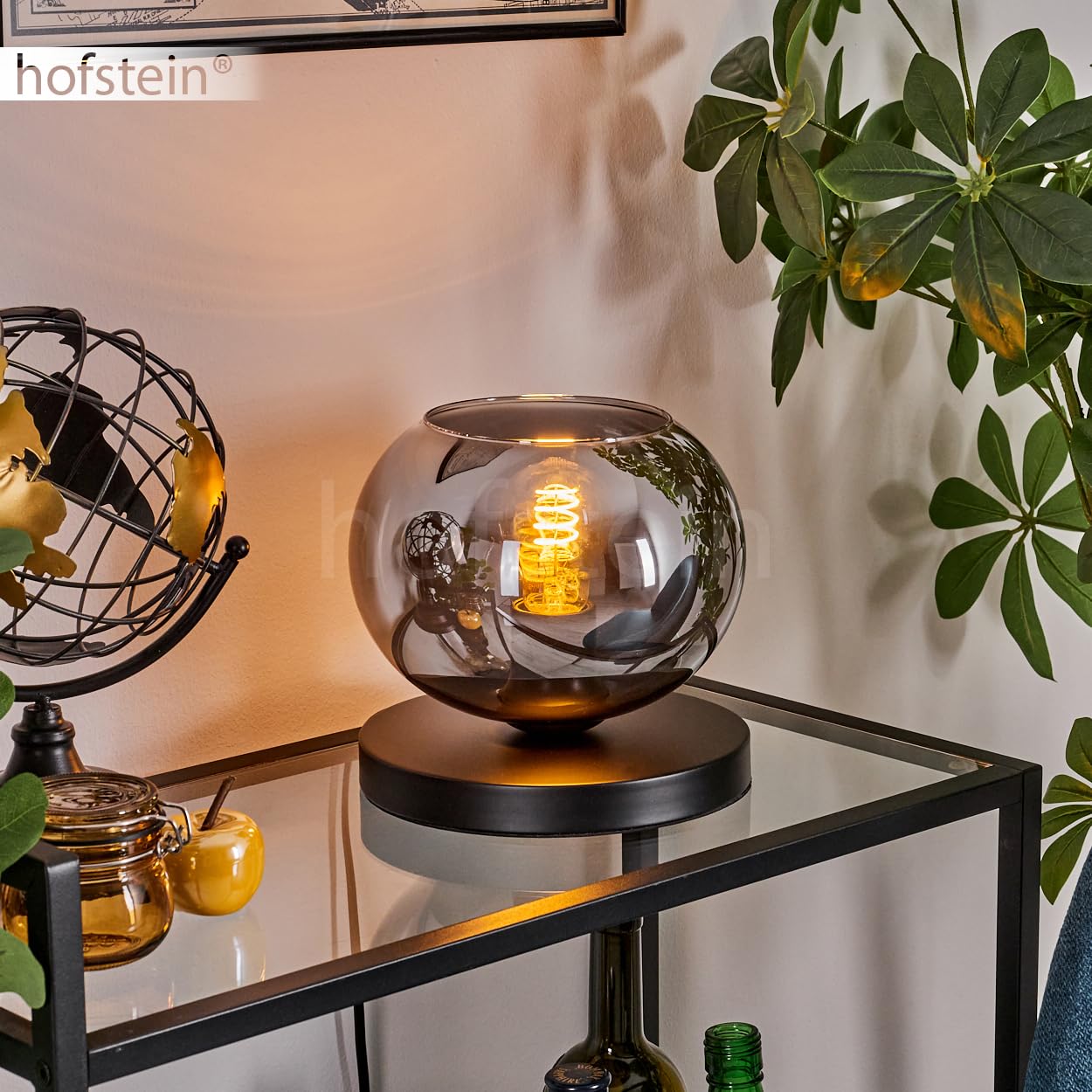 Tischleuchte Apedo, Tischlampe aus Metall/Glas in Schwarz/Rauchfarben, Leuchte im modernen Retro/Vintage-Design mit Schirm aus Glas (Ø 20 cm) u. An/-Auschalter am Kabel, 1 x E27, ohne Leuchtmittel