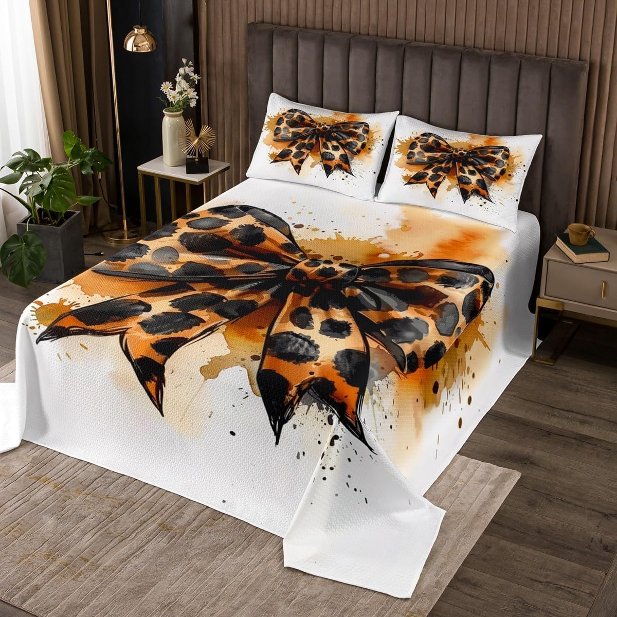 Erosebridal Bowknot Coverlet Set Queen Size Leopard Print Bedspread Cheetah Ink Splash Ombre Polka Dots Bow Quilted Coverlet Kids Girls Women Brown Soft Luxury Quilted