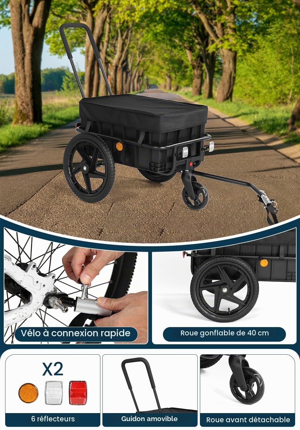 Remorque de vélo 2 en 1 avec barre coulissante, cadre fer robuste, pneus 40 cm, charge 40 kg