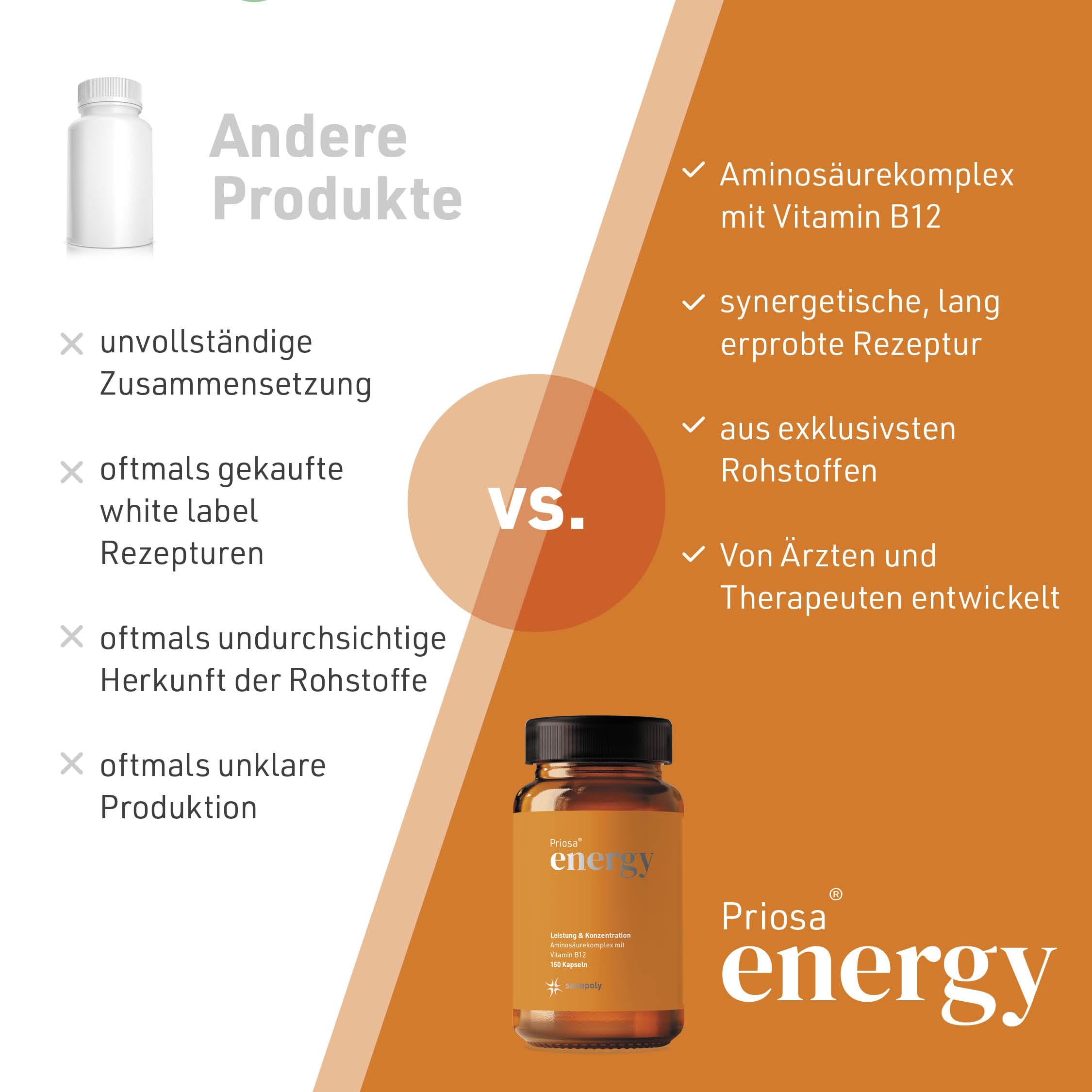 Priosa® energy 150 vegane Aminosäure Kapseln I BCAA Kapseln Unterstützen die normale Muskelfunktion I 16 eiweißbildende Aminosäuren I durch unabhängige Gutachter geprüft