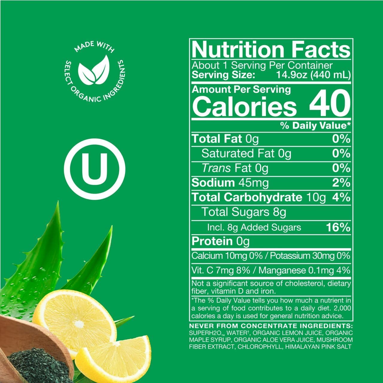 Organic SuperAde Hydration Drink, Digestive and Skin Health, SuperFood Lemonade by Sol-ti, Cold-Pressed Chlorophyll, Aloe and Lemon Juice Blend, 16 Pack (14.9 Fl oz)