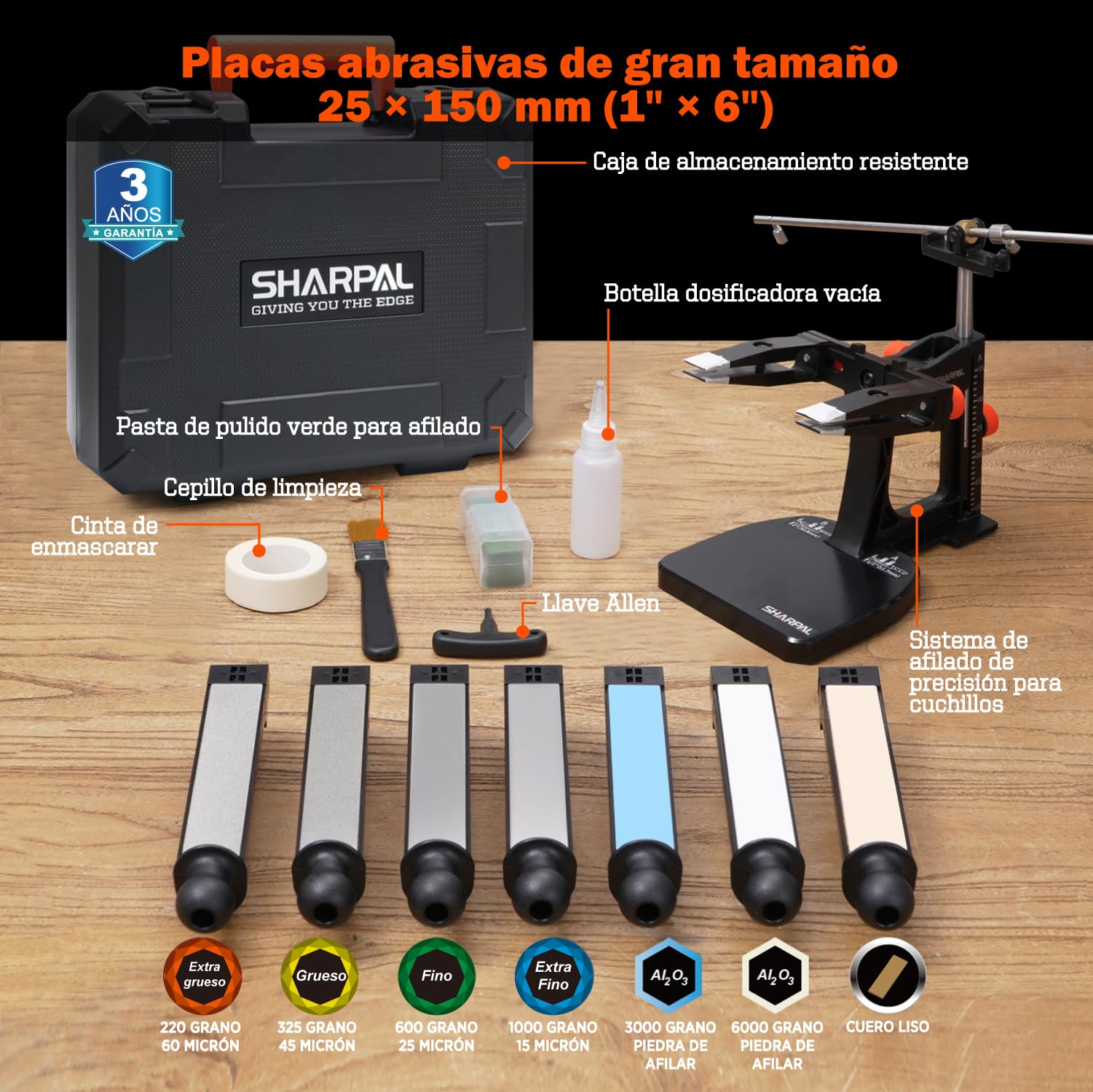 SHARPAL 202H Sistema Profesional de Afilado de Cuchillos, Ángulo Ajustable 10°–35°, 7 Placas Abrasivas, Diamante 220/325/600/1000, Piedra 3000/6000, Cuero + Pasta, Estuche, Regalo Día del Padre