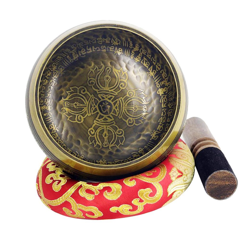 Campana tibetana tibetana, in rame, con martelletto e cuscino