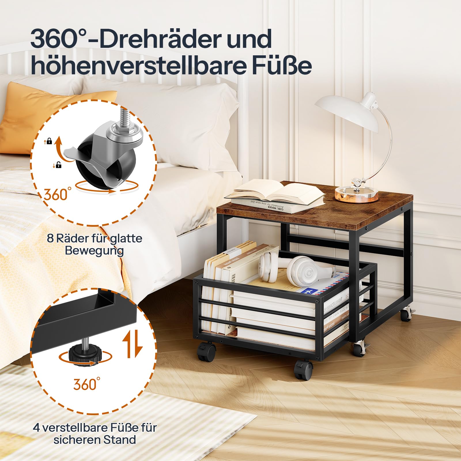 HOOBRO Mini-Kühlschrankständer mit beweglichem Korb, Rollen und verstellbaren Füßen, Kühlschrank Unterschrank, Vintagebraun Schwarz