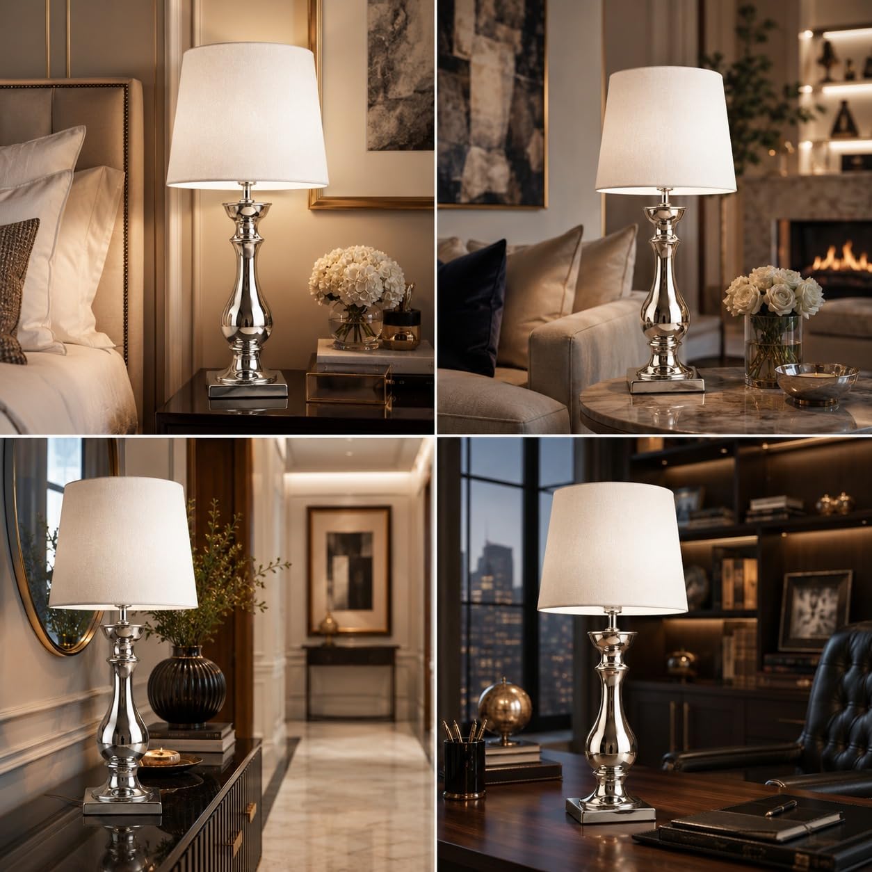 Tischlampe Silber Keramik 60 cm mit Weißem Stoffschirm – Nachttischlampe Schlafzimmer, Moderne Tischleuchte Wohnzimmer, E27 Tischleuchte mit Kabelschalter, Dekolampe, Leselampe für Büro & Flur