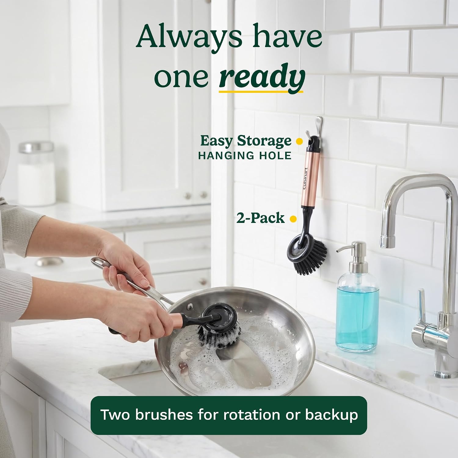 Cuisinart Dish Brush with Handle 2 Pack – Kitchen Scrub Brush for Dishes, Pots & Pans, Non-Scratch Dish Scrubber, Firm Bristles for Sink & Cookware, Comfortable Grip for Everyday Cleaning