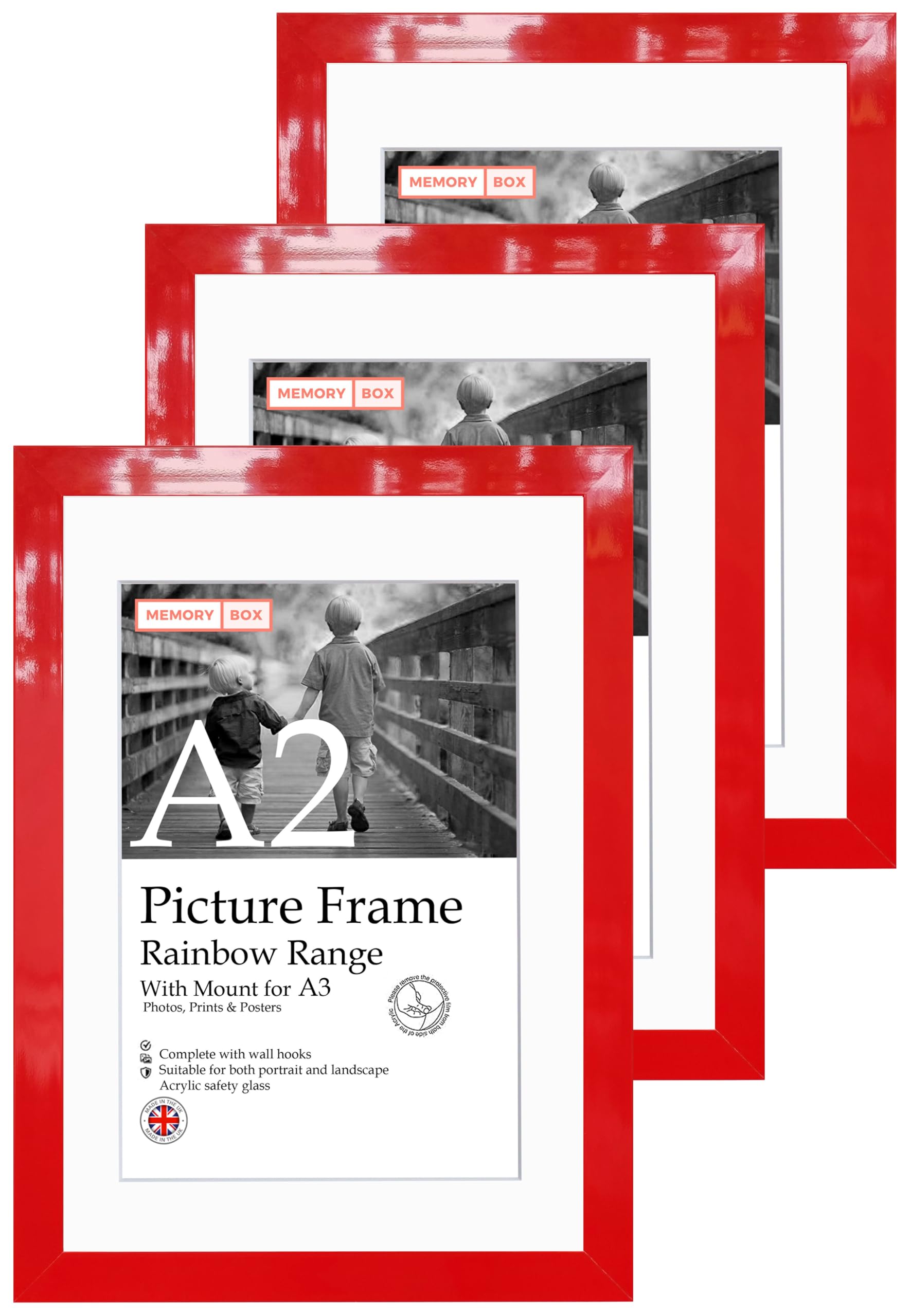 A2 Red Gloss Picture Frame Set of 3, Perfect for Displaying A3 Pictures with Mount or A2 Pictures Without Mount, Gallery Wall, Posters, Photos, Artwork, or Prints, Red Gloss