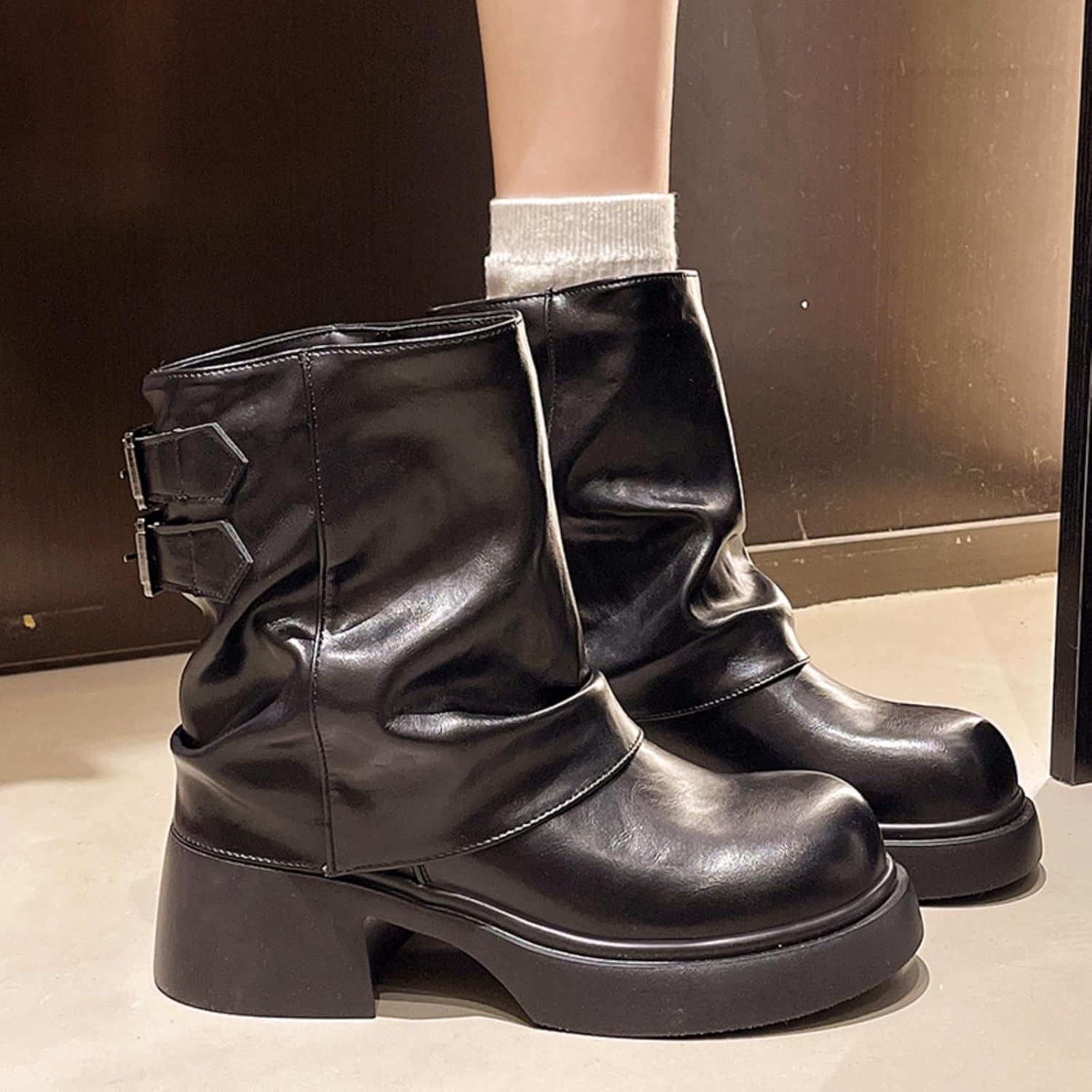 Black Slouchy Platform Ankle Boots for Women - Chunky Heel Leather Boots with Metal Accents | Edgy Trendy Footwear for Street Style, Daily & Casual Outings