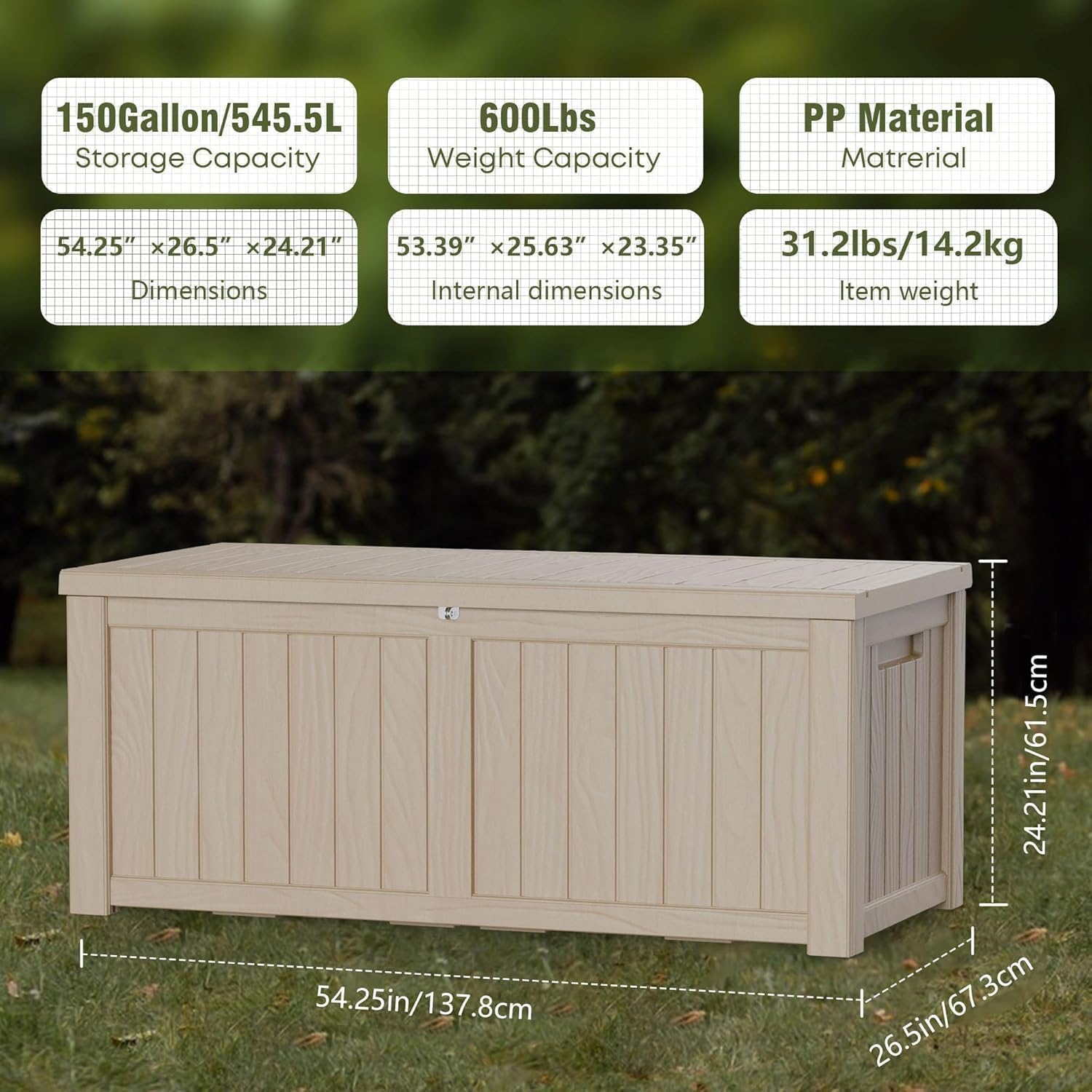 150 Gallon Lockable Resin Outdoor Storage Box, Waterproof & Weather Resistant Deck Box for Patio Cushion, Garden Tools & Pool Accessories, Grey