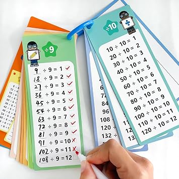 Lachilly 1-12 Division Table Cards with 2 Dry Erase Pens, Educational Maths Table Flashcards for Kids, Self Check Classroom Home Learning Aids, Elementary School Teacher Teaching Aids, 15 Big Cards