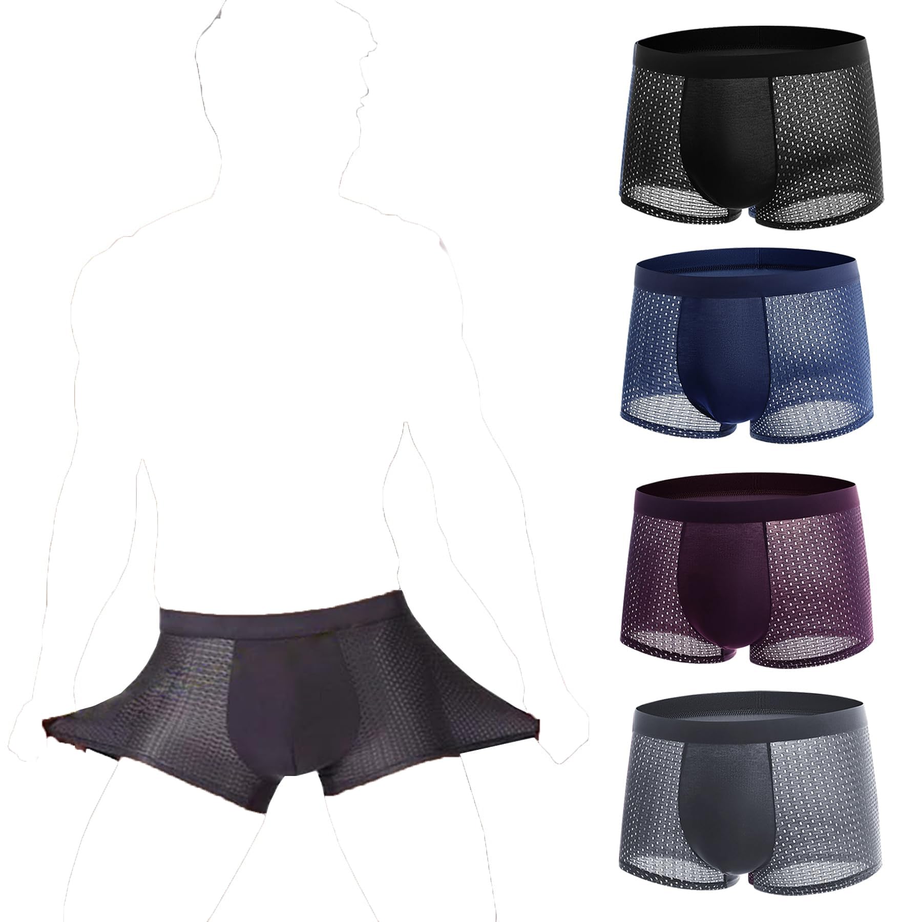Fiber Boxer Briefs for Men - Cool Ice Silk Breathable Underwear with 3D U Convex Design, Soft Fast-Dry Boxer Shorts, Comfortable Men’s Underwear, Available in 4-Pack XXXXL