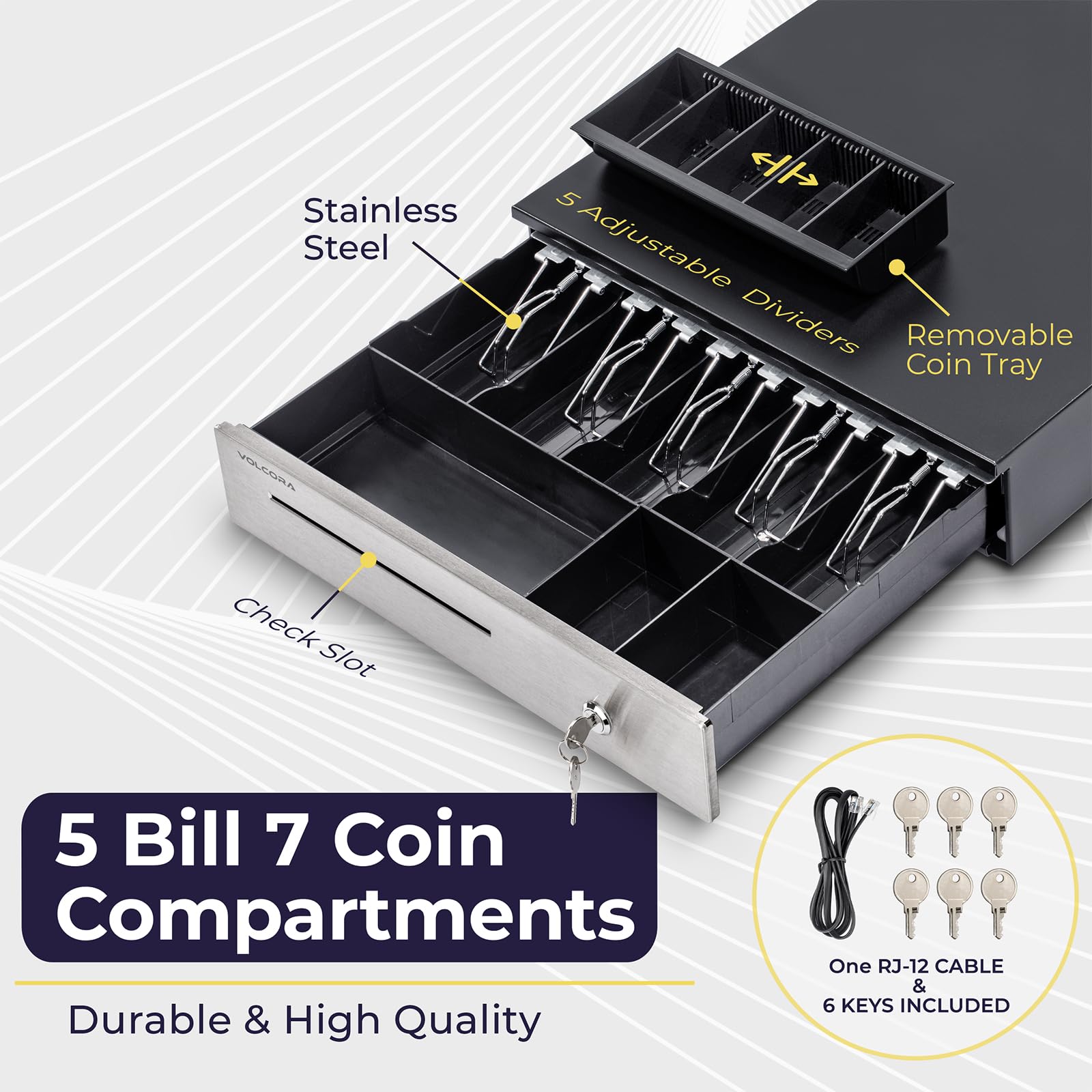 Volcora Tiroir de caisse enregistreuse pour système de point de vente (POS) de 40,6 cm, plateau amovible en acier inoxydable, 5 billets/7 pièces, 24 V, serrure à clé RJ11/RJ12, fente multimédia