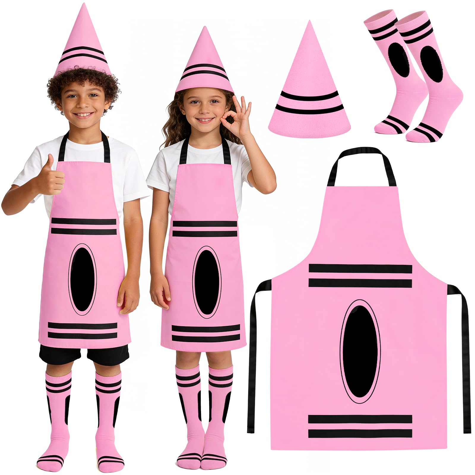 Ainvliya Crayon Apron Costume Set, World Book Day 2026 Full Costume, Carnival Girls Boys Fancy Dress Including Fashing Theme Cone Hat Socks School Group Costume Outfit Cosplay Party
