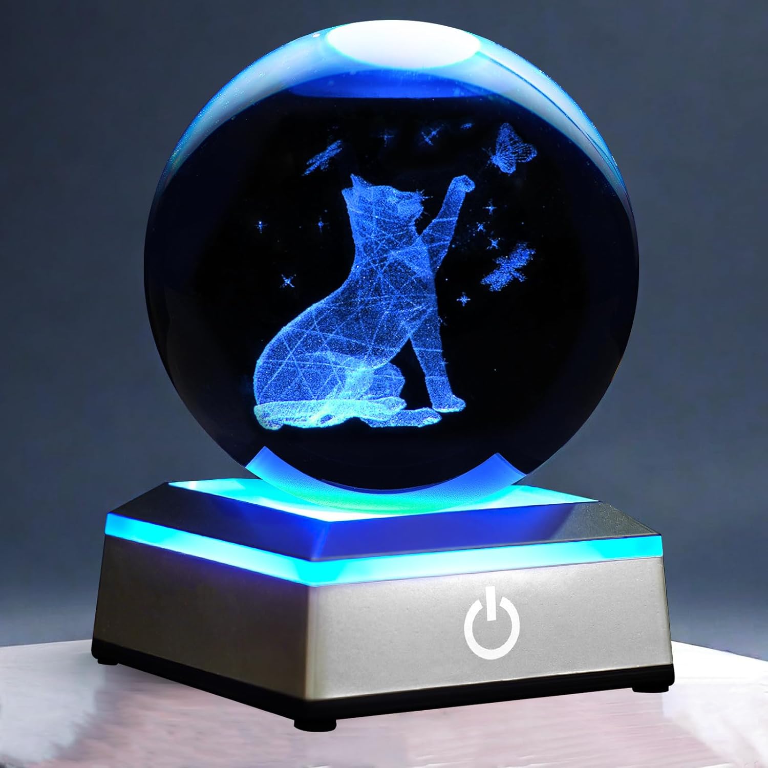 3D Crystal Ball Night Light with LED Colorful Touch Base - Butterfly Gifts for Women, Kids & Teens - 3.15' Glass Sphere Lamp - Home Decor