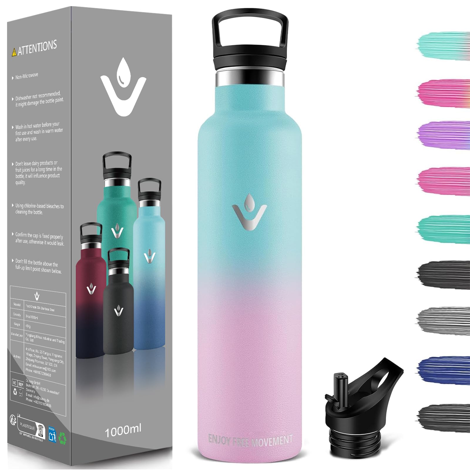 Vikastar Borraccia Termica, 1000ml Senza BPA, Borraccia Termica 1 Litro, a Prova di Perdite Vikastar Borraccia Termica, 1000ml Senza BPA, Borraccia Termica 1 Litro, a Prova di Perdite