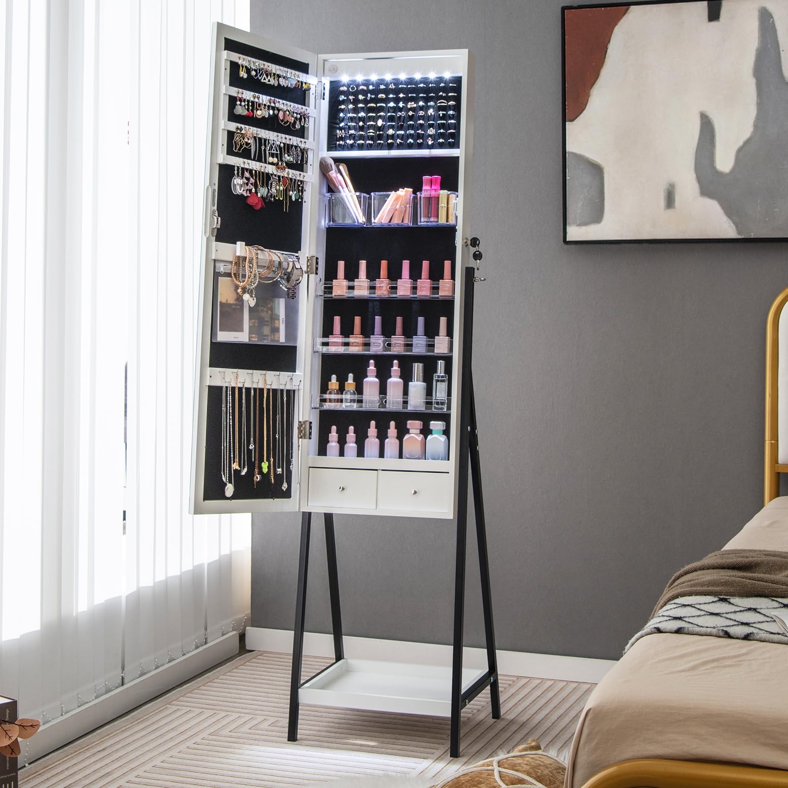 COSTWAY Armoire à Bijoux sur Pied, Miroir Pleine Longueur avec Lumières LED 3 Couleurs, Interrupteur Tactile, Porte Verrouillable(Blanc)