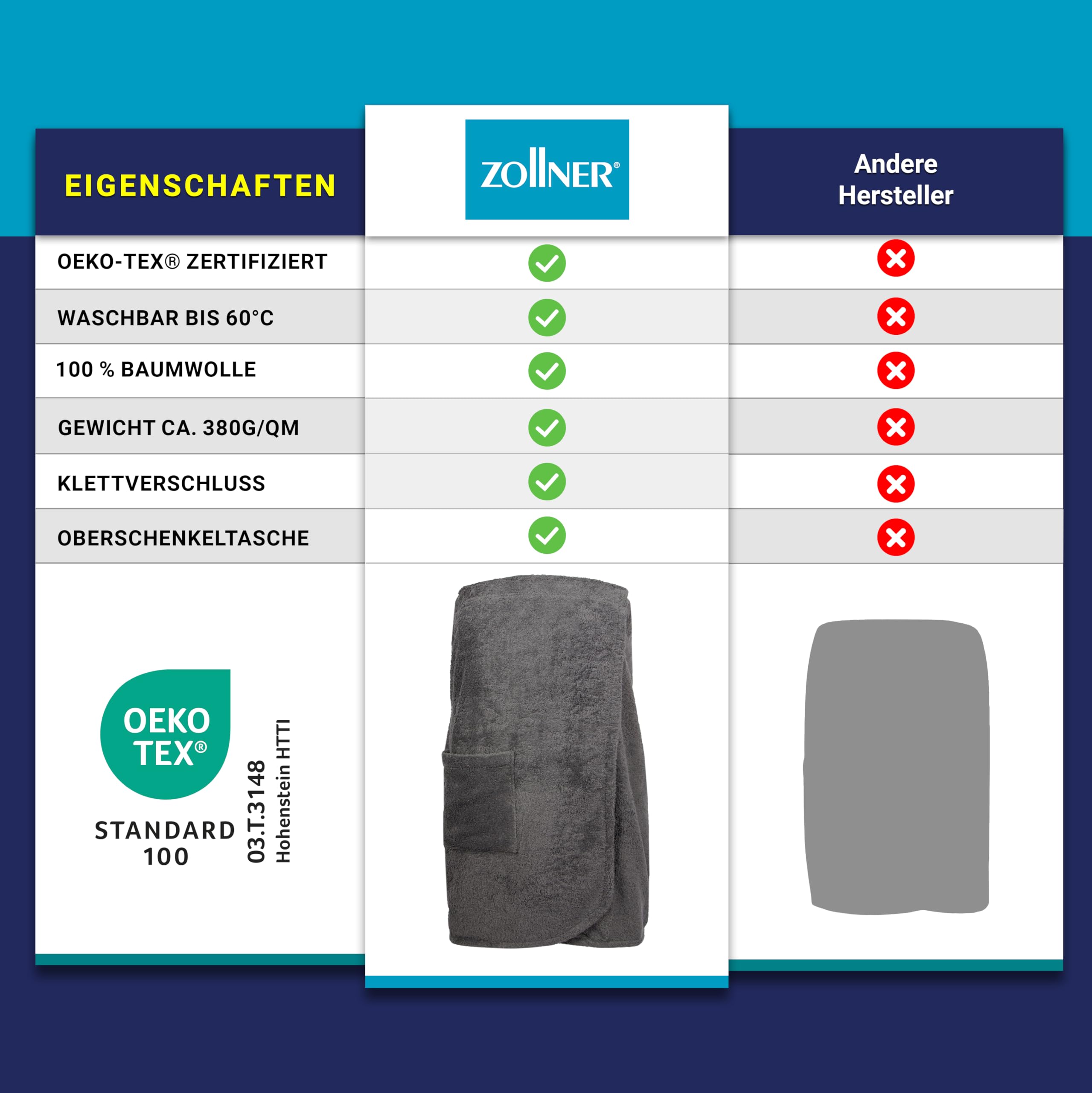 ZOLLNER Damensaunakilt in grau - hautfreundlich und saugstark - Baumwolle - mit Gummizug und Klettverschluss - Größe S/M - waschbar bis 60°C - Oeko Tex® zertifiziert