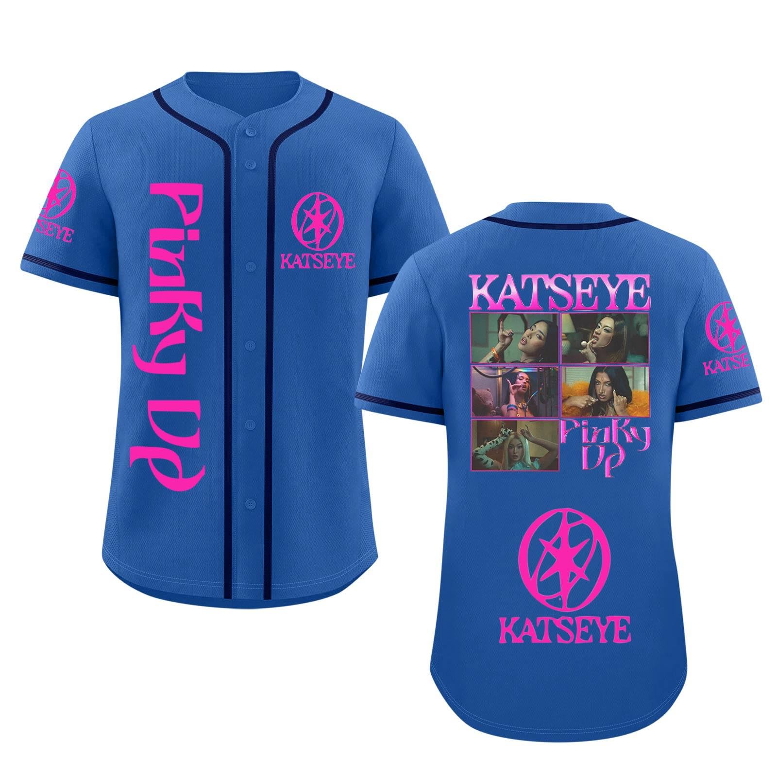Katseye Tshirt Beautiful Chaos Album Pinky up Baseball Jersey Short Sleeve Button Down Casual Hip Hop Katseye Merch Baseball Jersey for Fans Men Women 04-Blue XXL