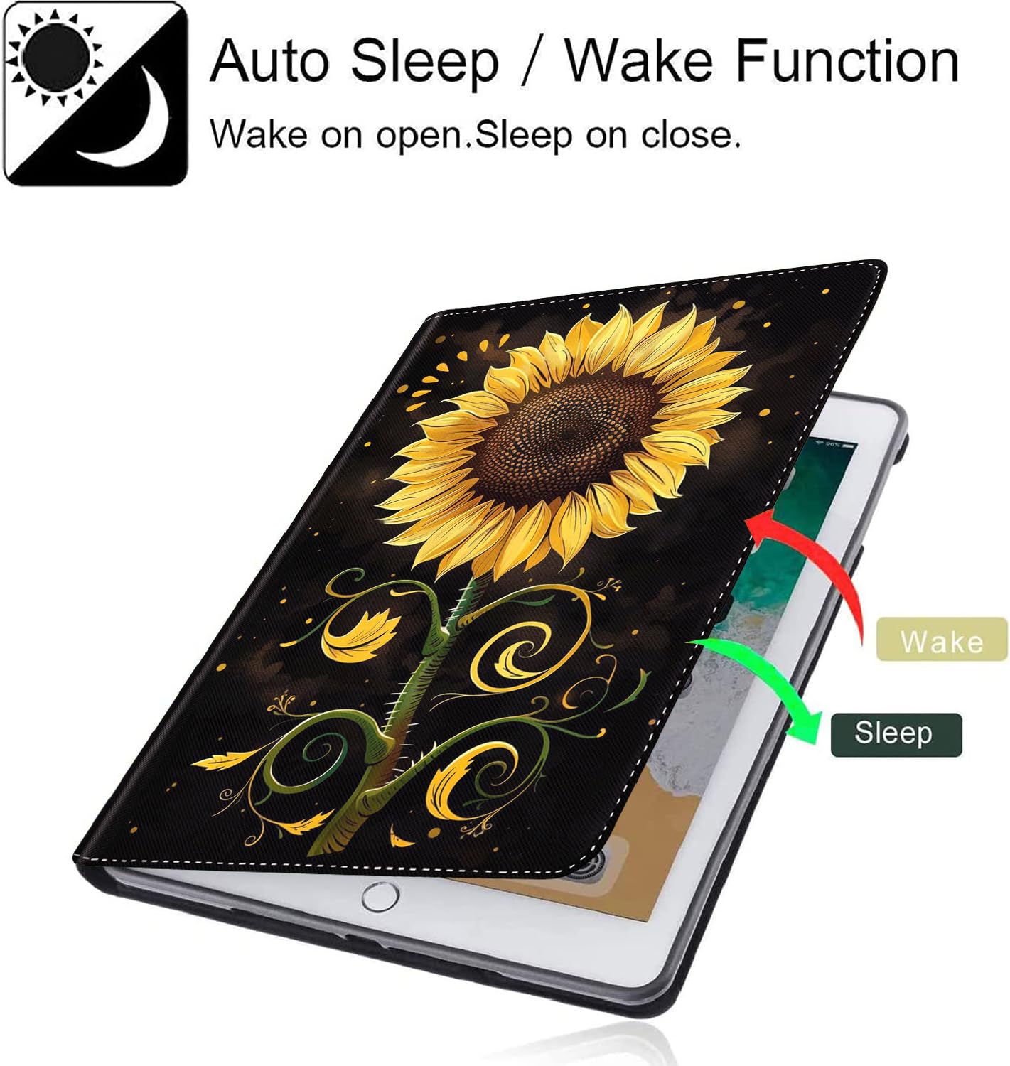 IPad 10th Gen 2022 Case With Sunflower Design - Protective Leather Case With Auto Wake/Sleep