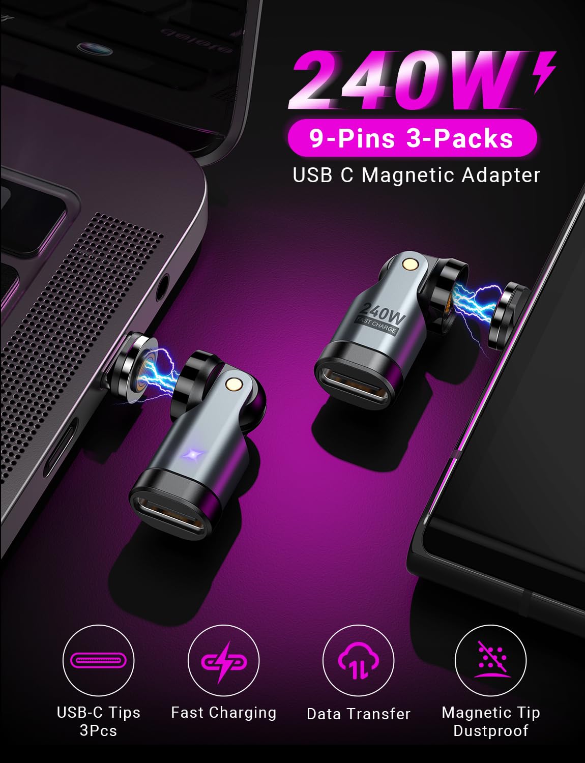 VAFOTON Adattatore magnetico USB C 240W, adattatore USB C magnetico a 9 pin, rotazione a 540°, compatibile con ricarica rapida PD 240W 5A, trasferimento dati, per MaBook Pro/Portable