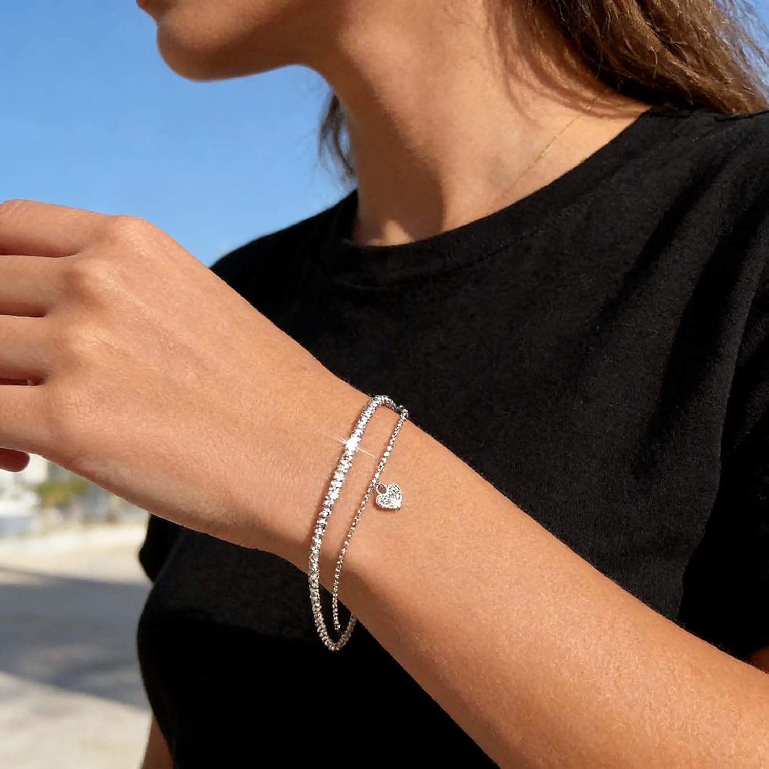 Andelaisi Boho Sparkly Chain Bracelet Vintage Layered Heart Dangle Bracelets Silver Bling Chain Hand Bracelet Love Adjustable Slave Link Bracelets Jewelry for Women - Image 4