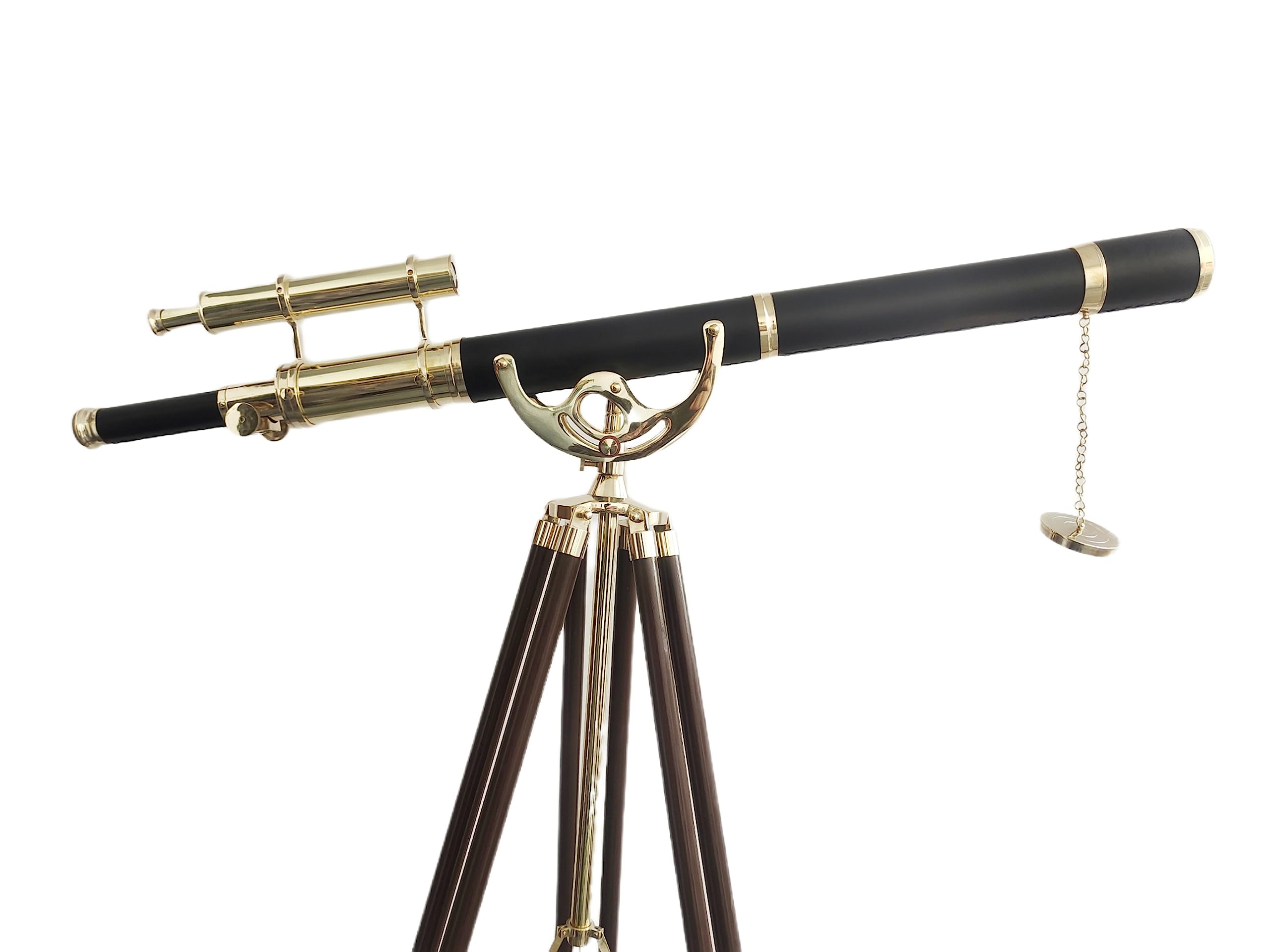 Vintage Double Barrel Black Leather Shiny Brass Finish Telescope Leather Covered Tube Adjustable Tripod Floor Standing Telescopic